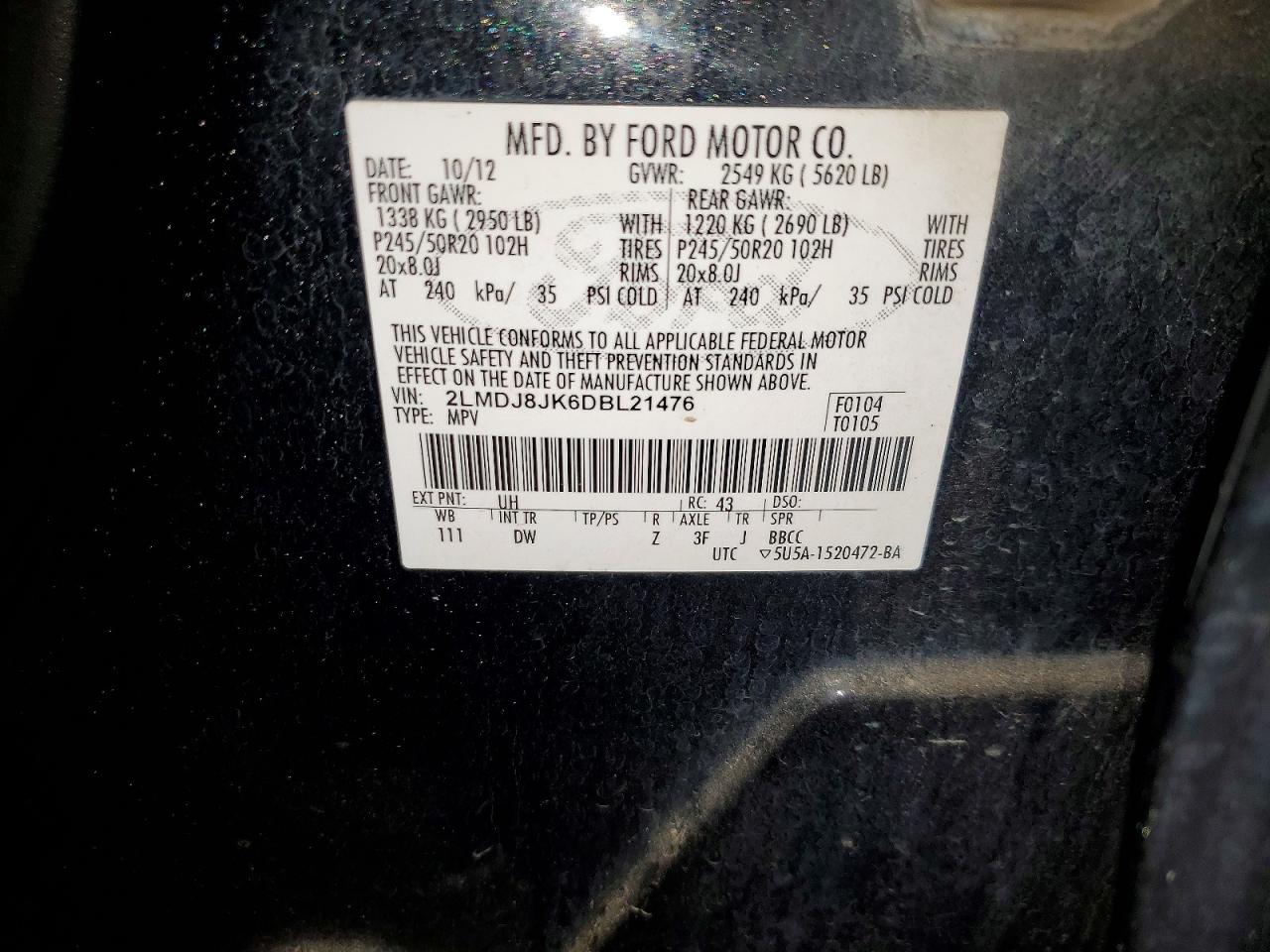 2013 Lincoln Mkx Black vin: 2LMDJ8JK6DBL21476