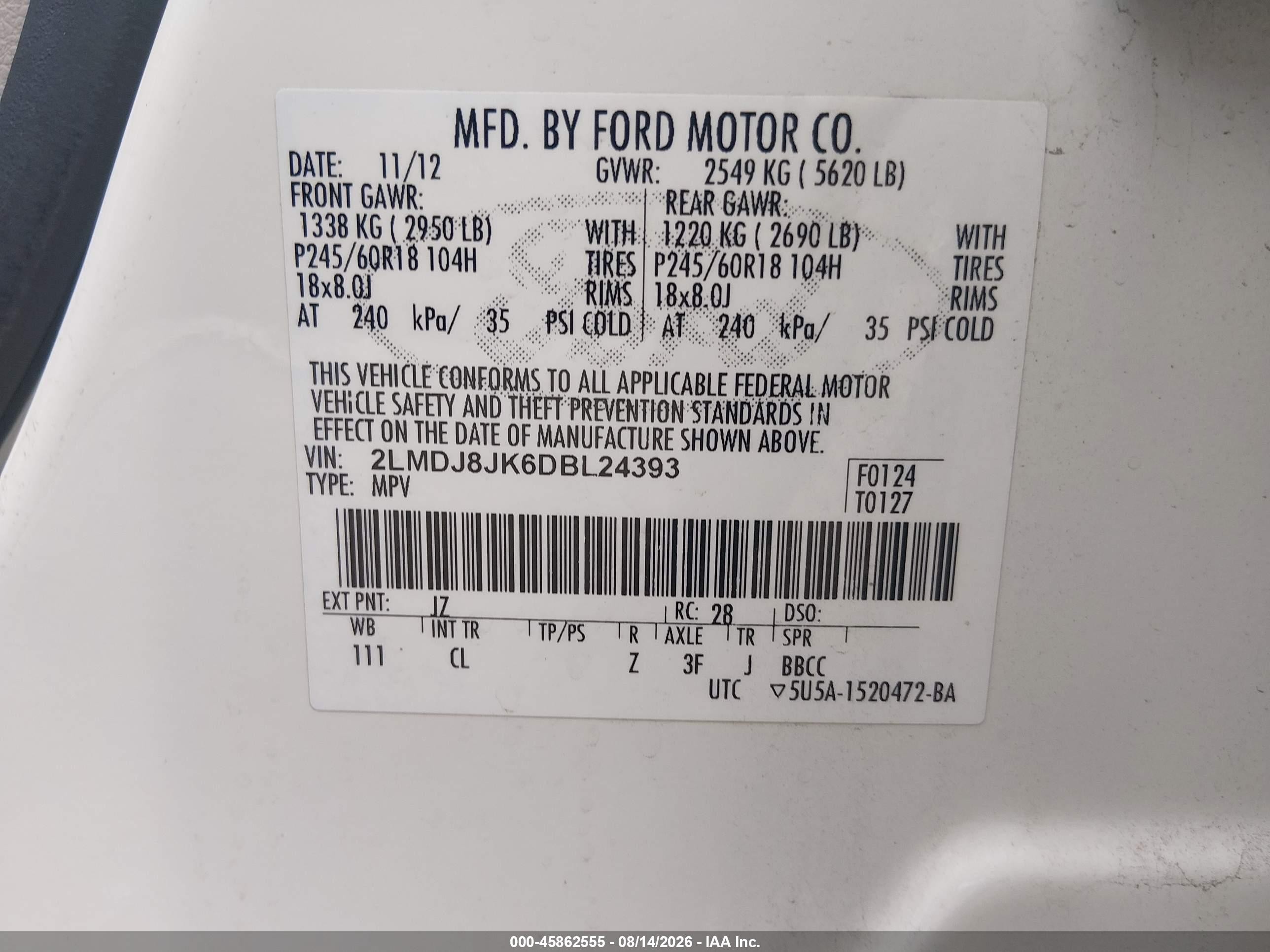 2013 Lincoln Mkx   Cream vin: 2LMDJ8JK6DBL24393
