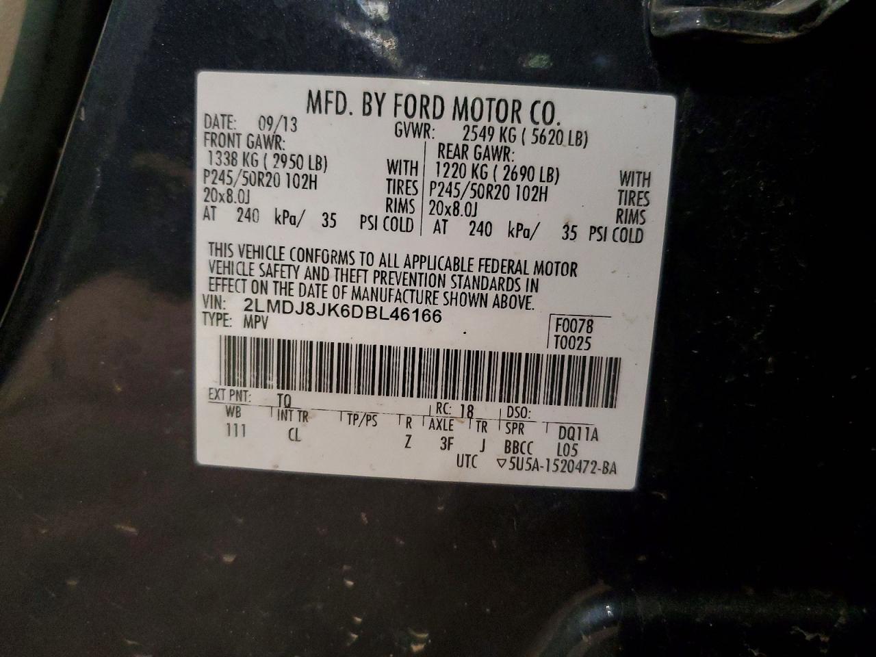 2013 Lincoln Mkx Charcoal vin: 2LMDJ8JK6DBL46166