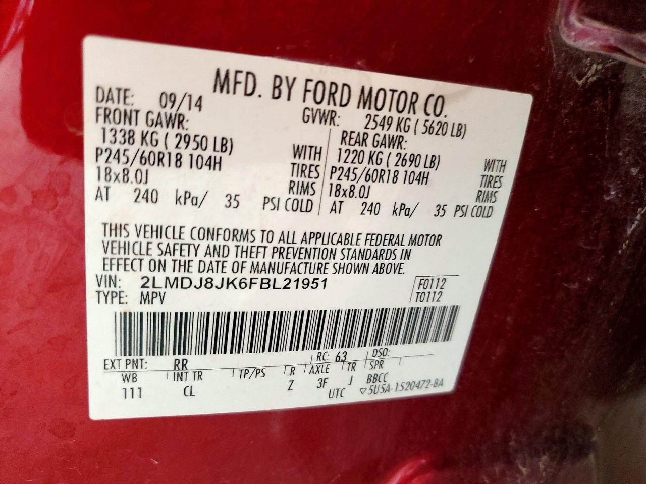 2015 Lincoln Mkx Red vin: 2LMDJ8JK6FBL21951