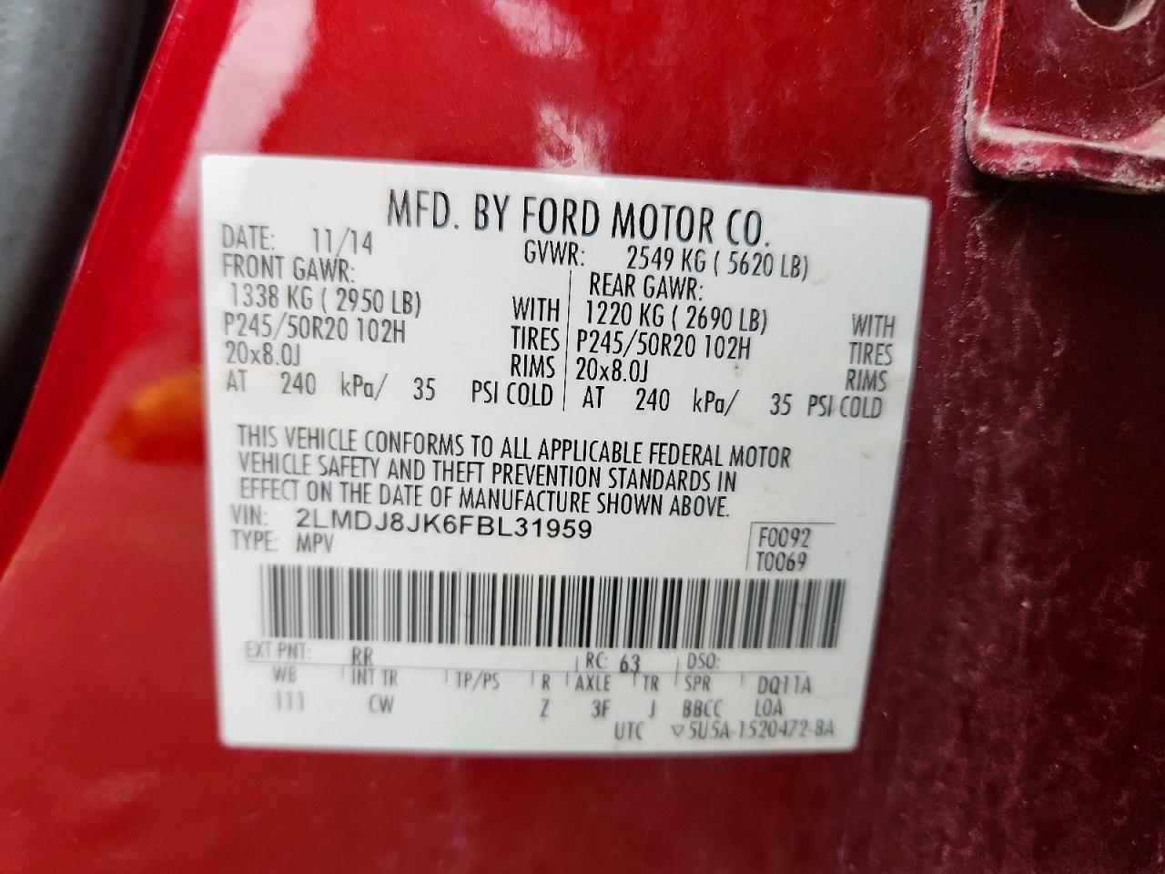 2015 Lincoln Mkx Red vin: 2LMDJ8JK6FBL31959