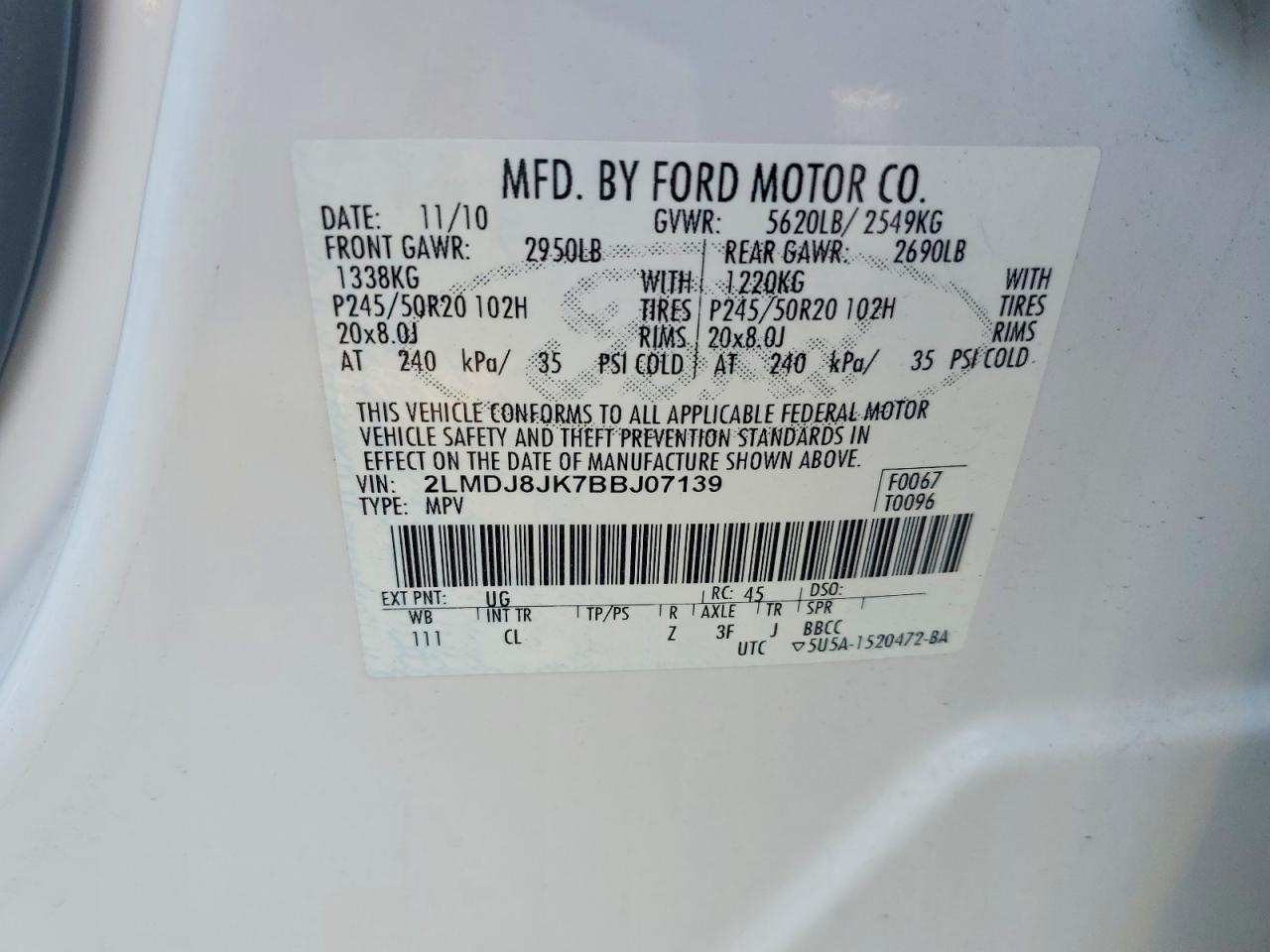 2011 Lincoln Mkx White vin: 2LMDJ8JK7BBJ07139