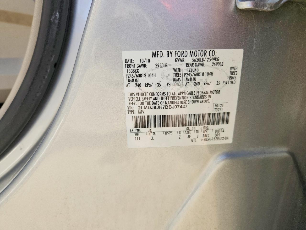 2011 Lincoln Mkx Silver vin: 2LMDJ8JK7BBJ07447
