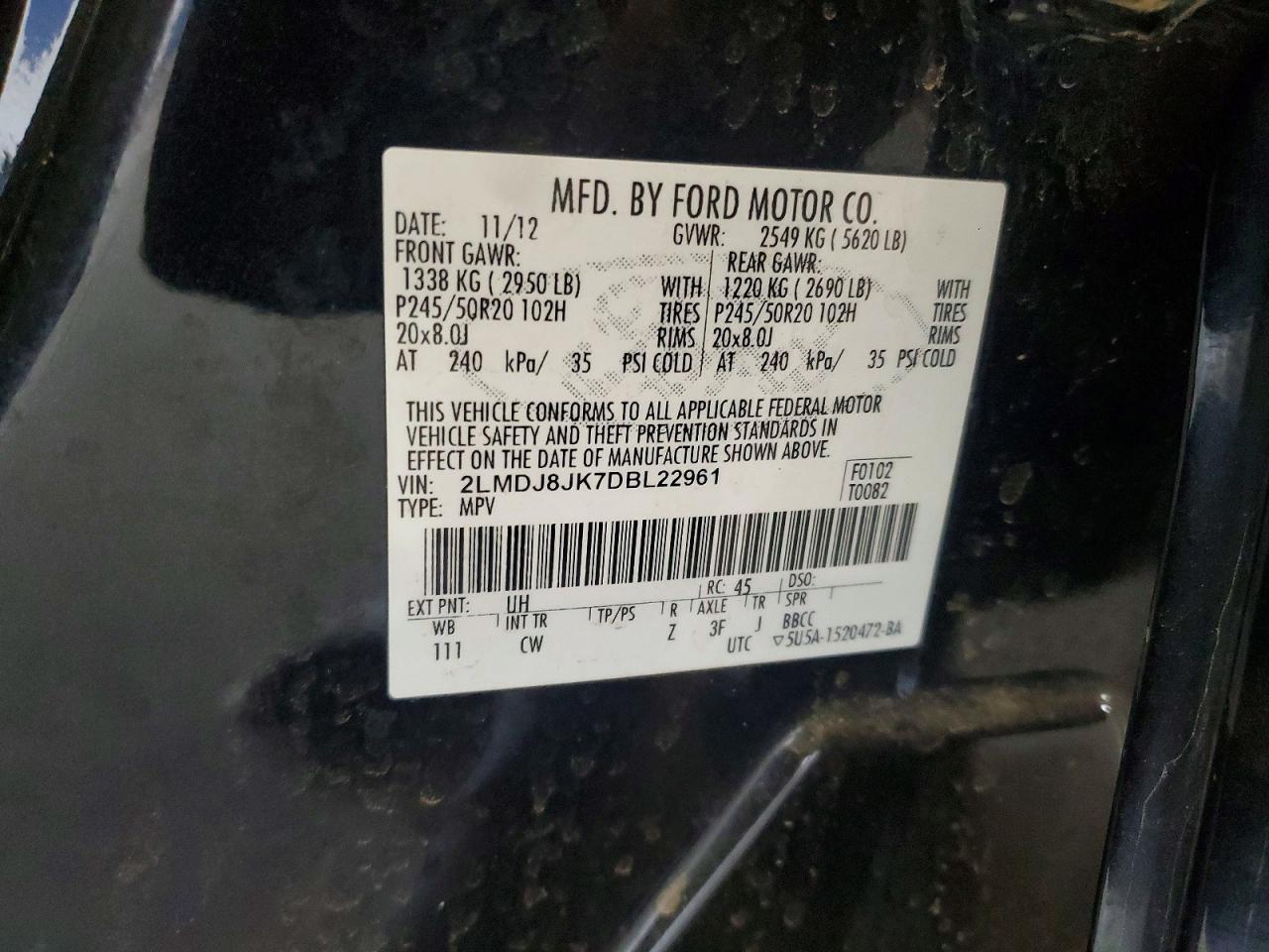 2013 Lincoln Mkx Black vin: 2LMDJ8JK7DBL22961