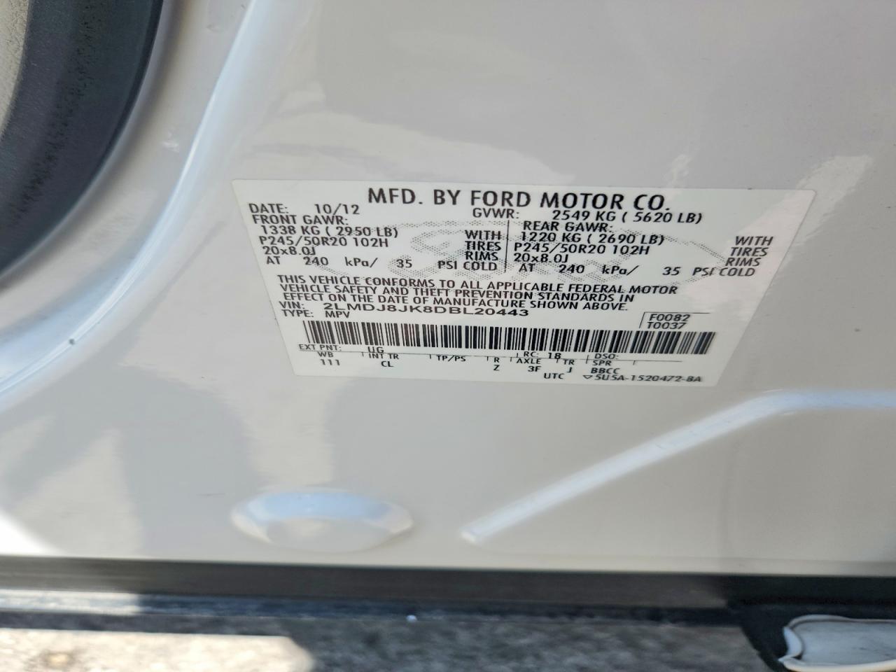 2013 Lincoln Mkx Белый vin: 2LMDJ8JK8DBL20443