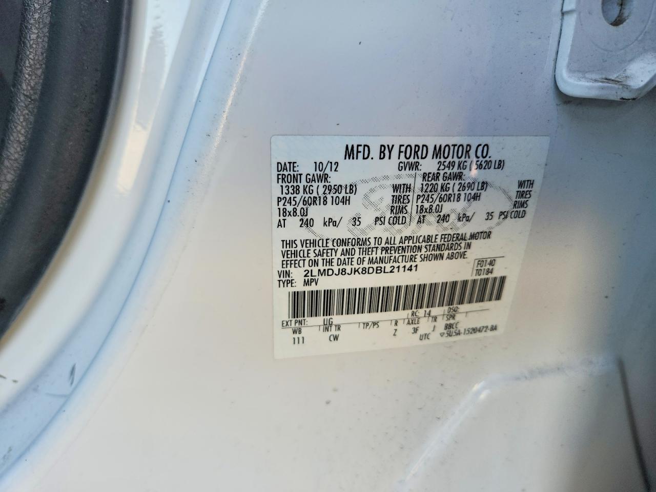 2013 Lincoln Mkx White vin: 2LMDJ8JK8DBL21141