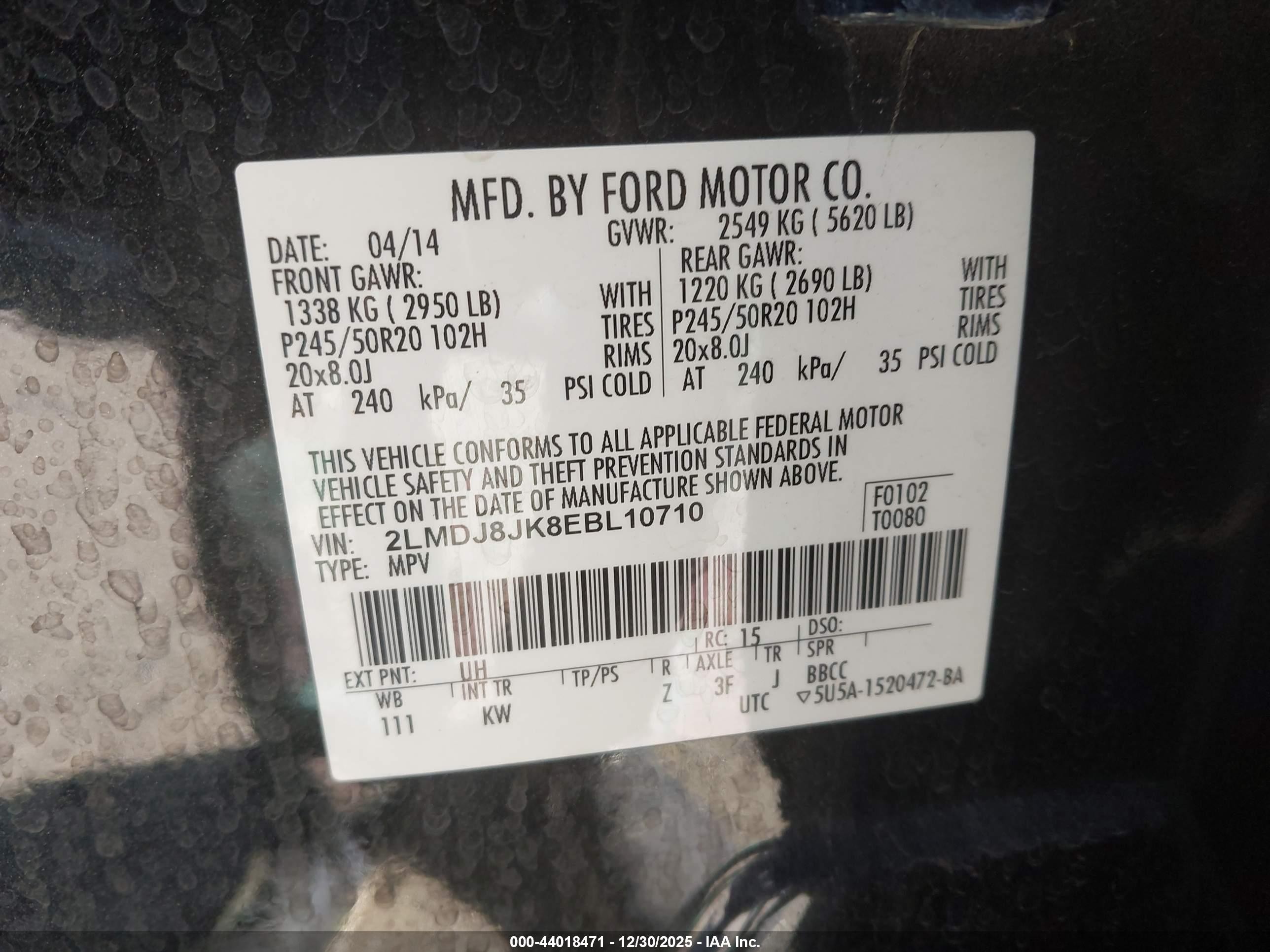 2014 Lincoln Mkx   Black vin: 2LMDJ8JK8EBL10710