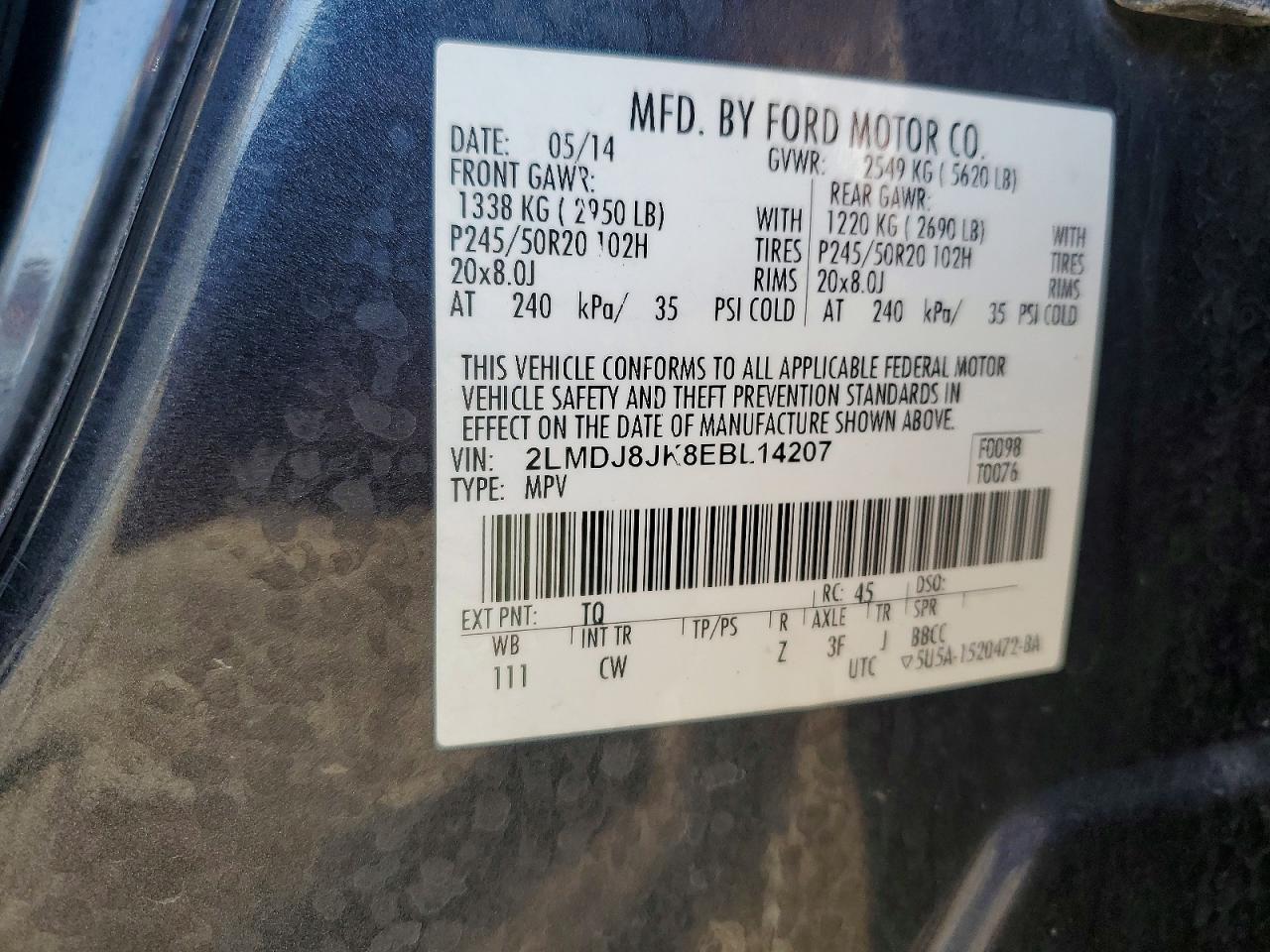 2014 Lincoln Mkx Gray vin: 2LMDJ8JK8EBL14207