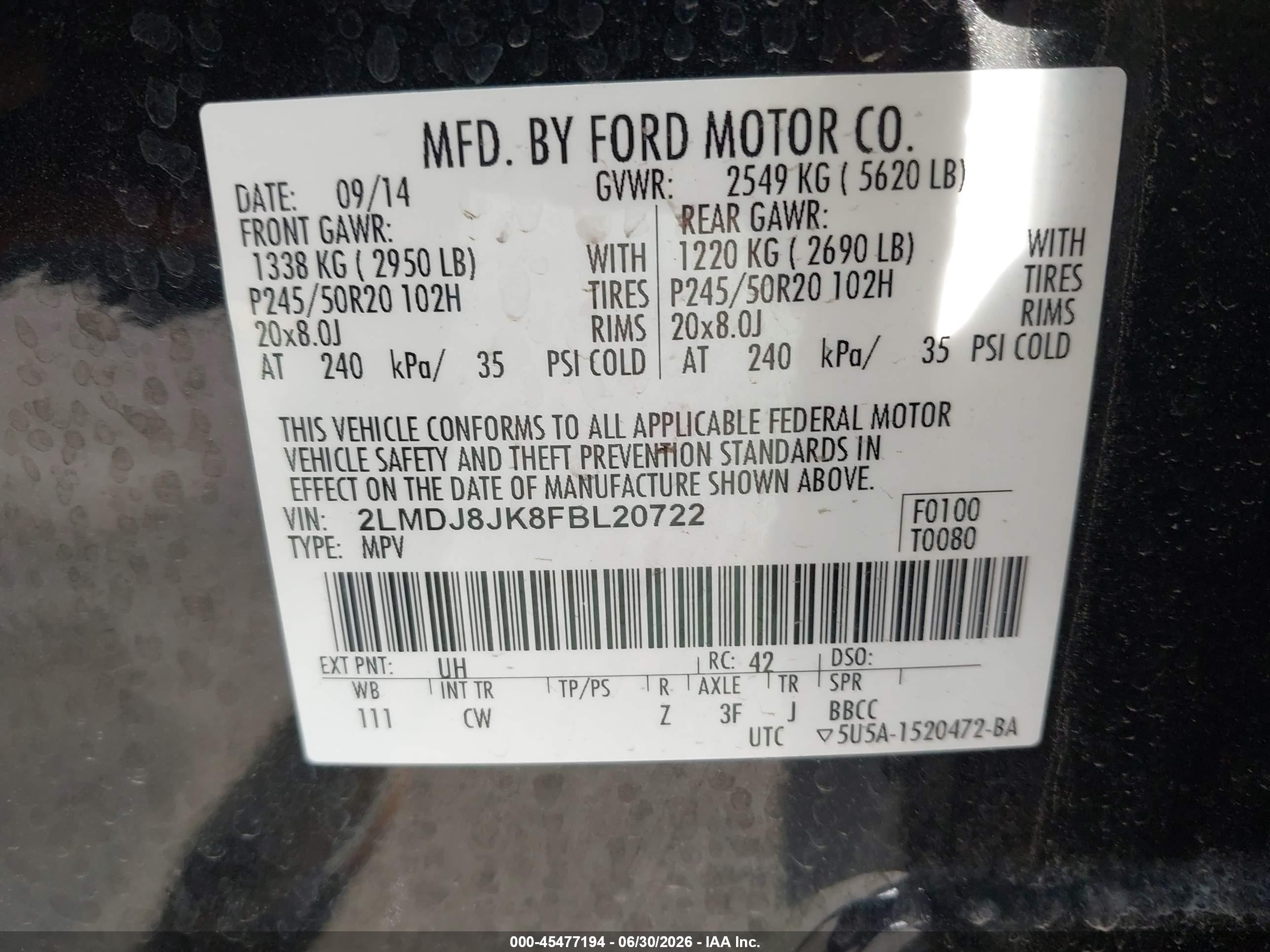 2015 Lincoln Mkx   Black vin: 2LMDJ8JK8FBL20722