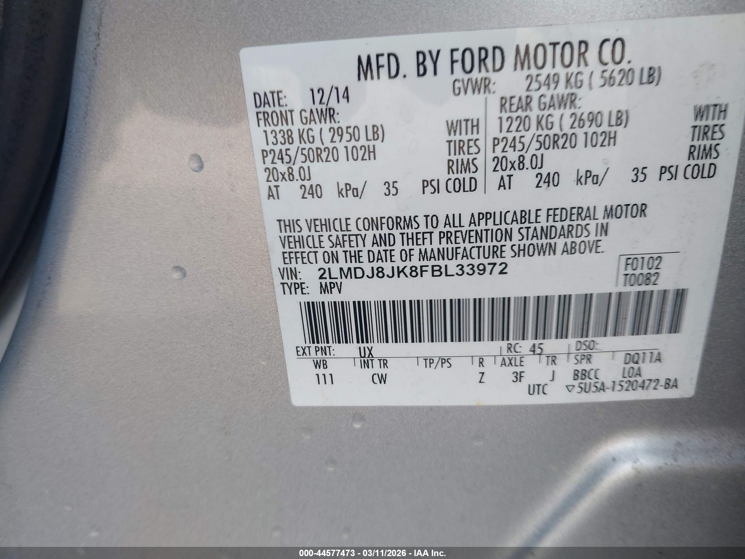 2015 Lincoln Mkx   Серебряный vin: 2LMDJ8JK8FBL33972