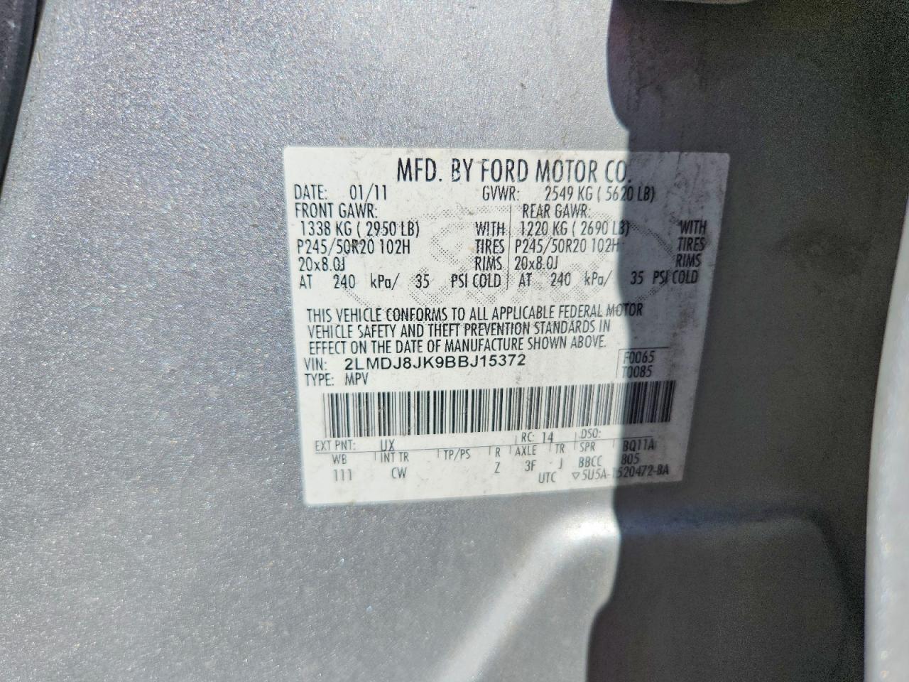 2011 Lincoln Mkx Silver vin: 2LMDJ8JK9BBJ15372