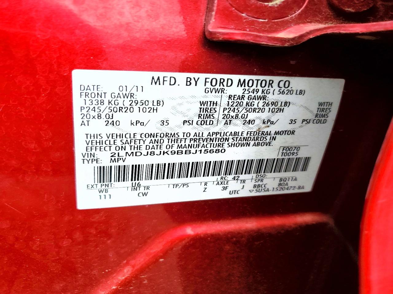 2011 Lincoln Mkx Red vin: 2LMDJ8JK9BBJ15680
