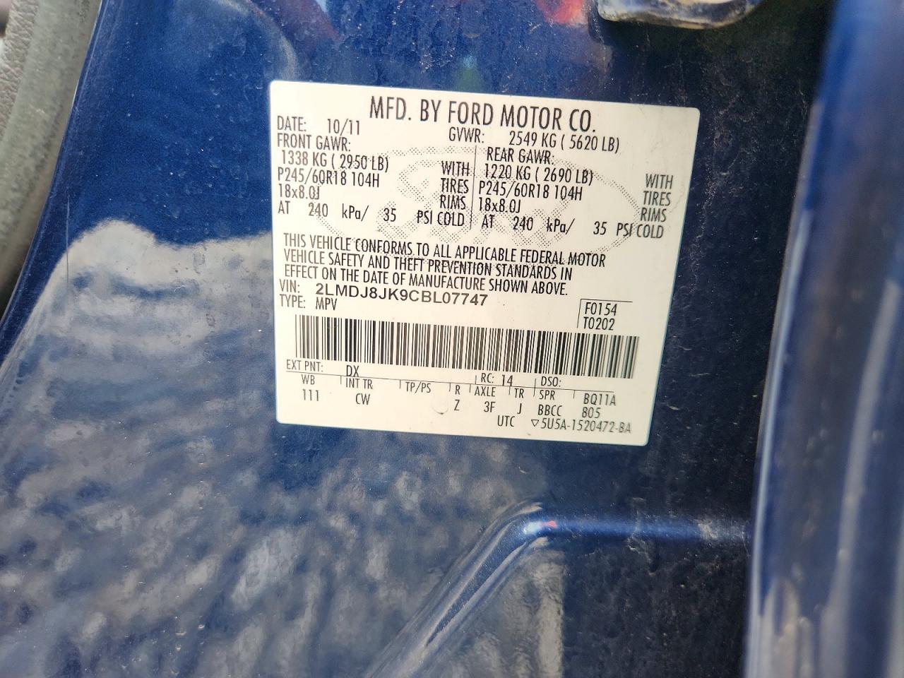 2012 Lincoln Mkx Blue vin: 2LMDJ8JK9CBL07747