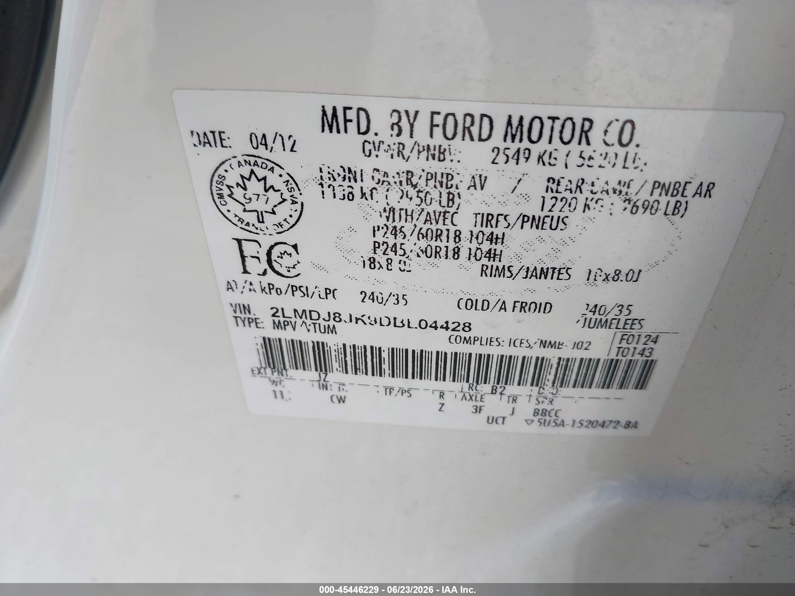 2013 Lincoln Mkx   White vin: 2LMDJ8JK9DBL04428