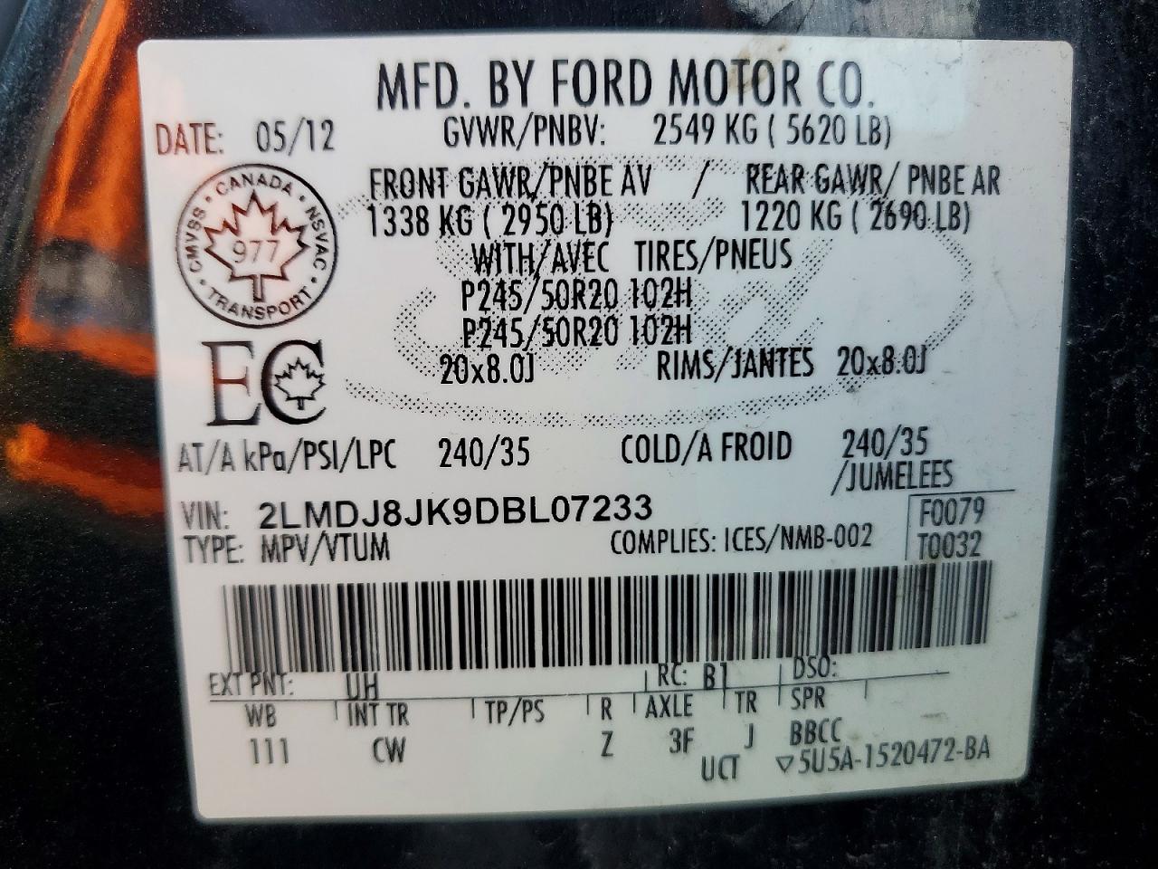 2013 Lincoln Mkx Awd Black vin: 2LMDJ8JK9DBL07233