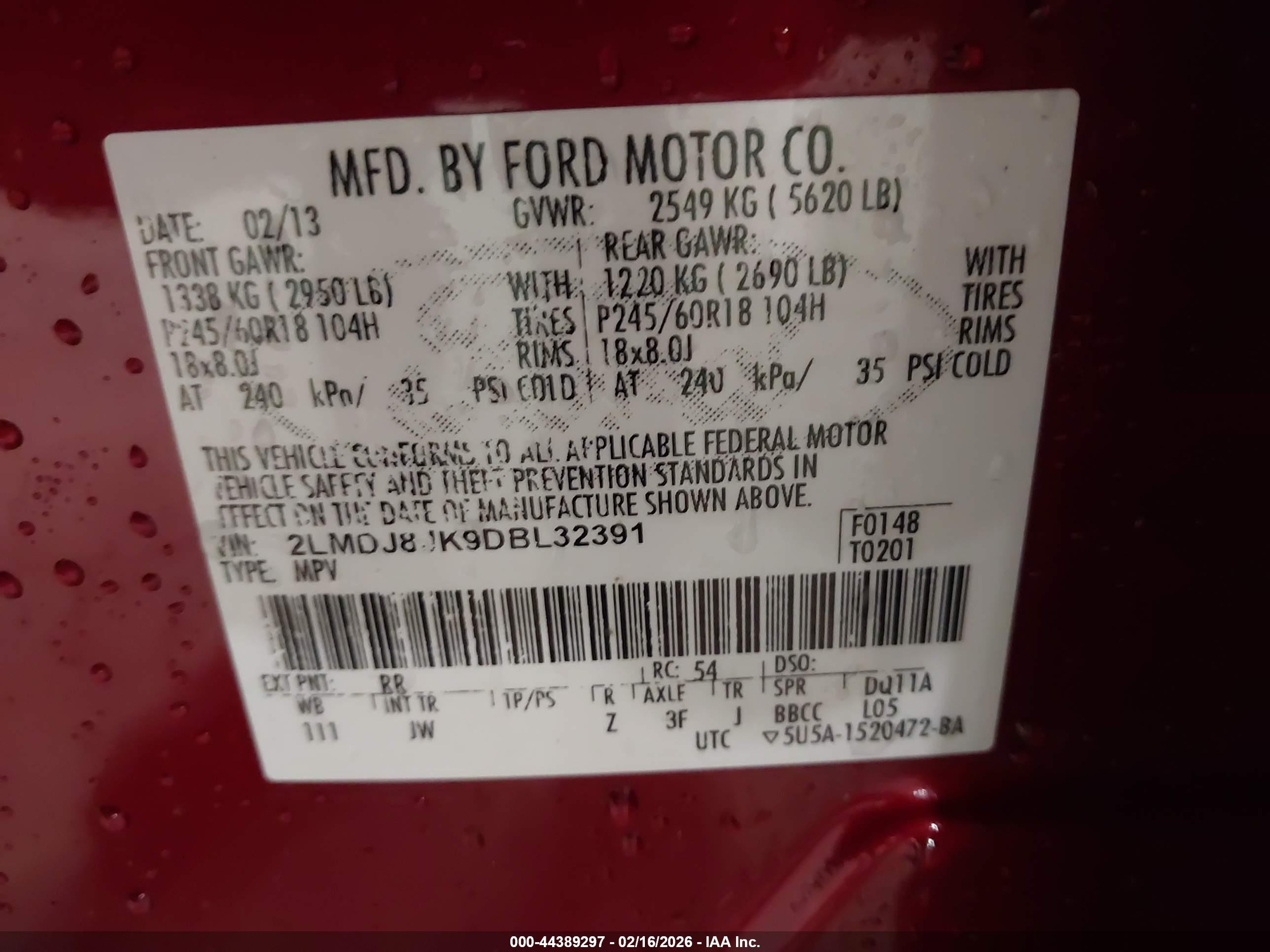 2013 Lincoln Mkx   Red vin: 2LMDJ8JK9DBL32391