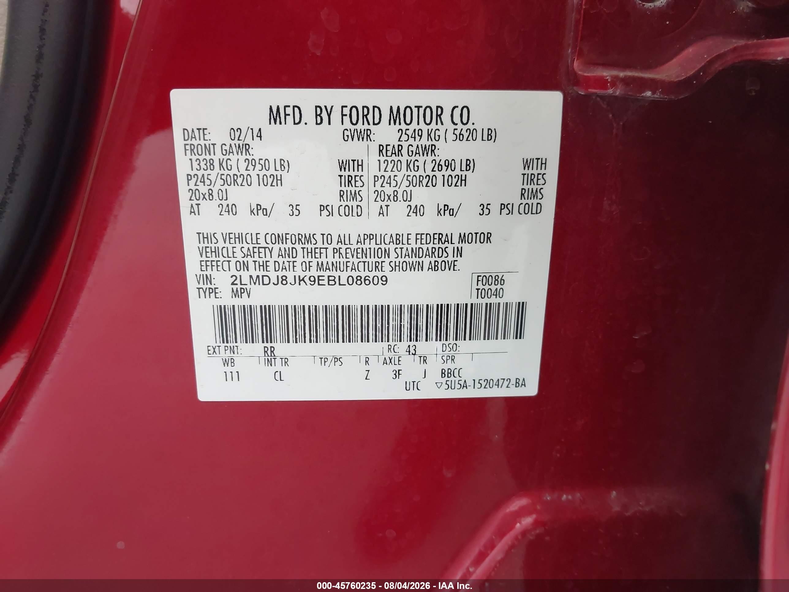 2014 Lincoln Mkx   Красный vin: 2LMDJ8JK9EBL08609