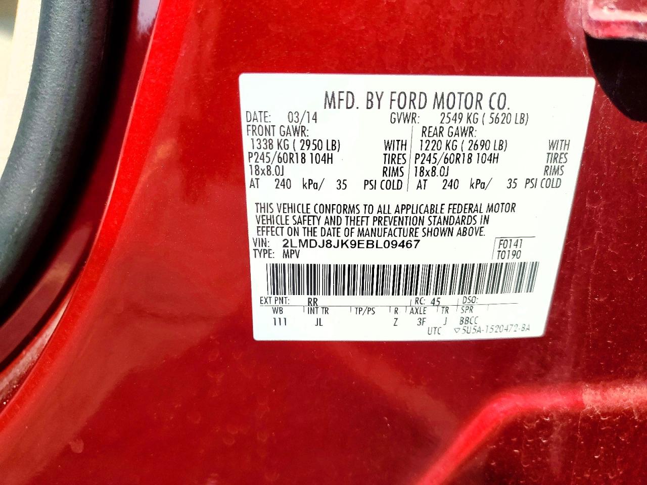 2014 Lincoln Mkx Red vin: 2LMDJ8JK9EBL09467