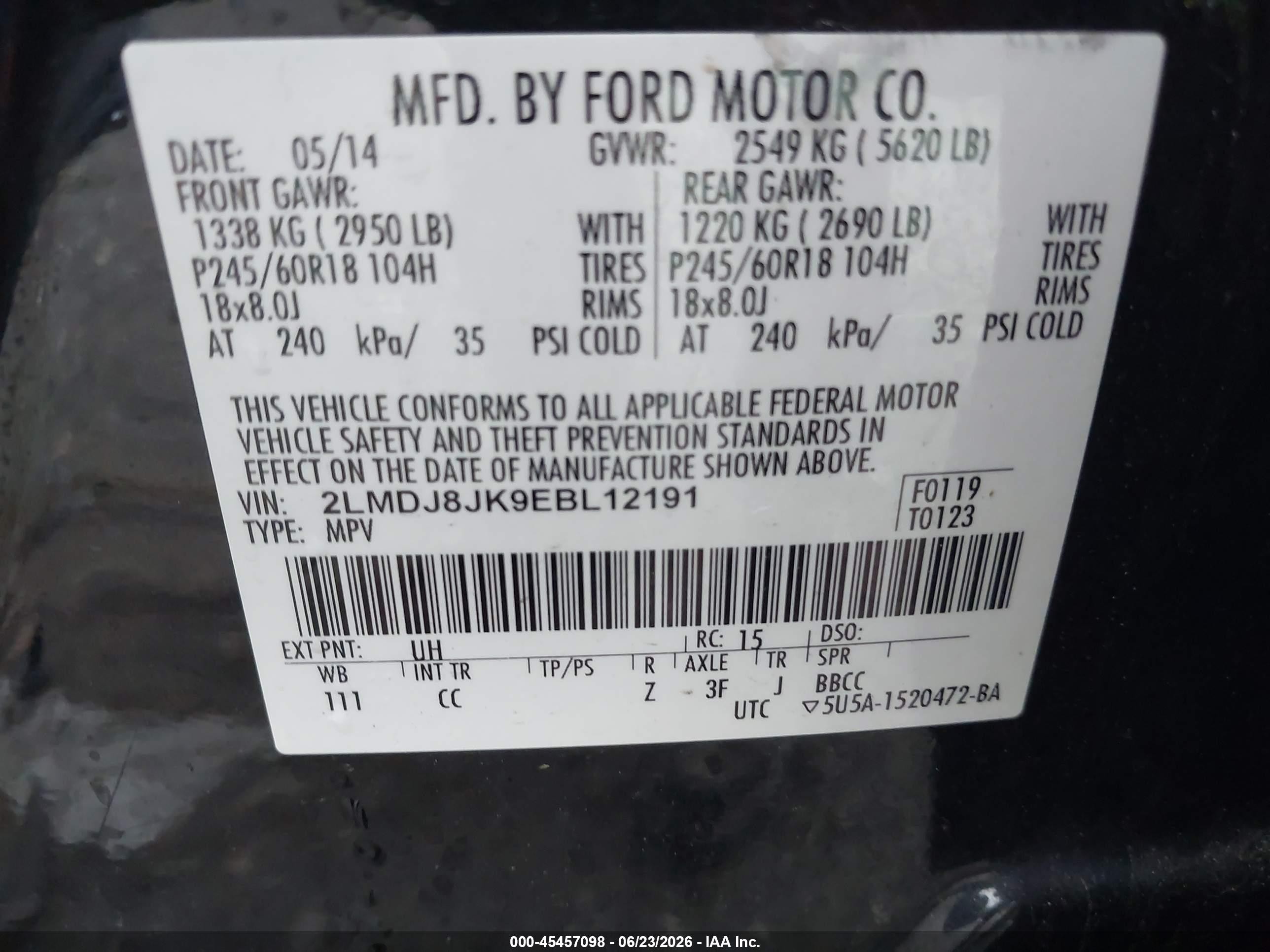 2014 Lincoln Mkx   Black vin: 2LMDJ8JK9EBL12191