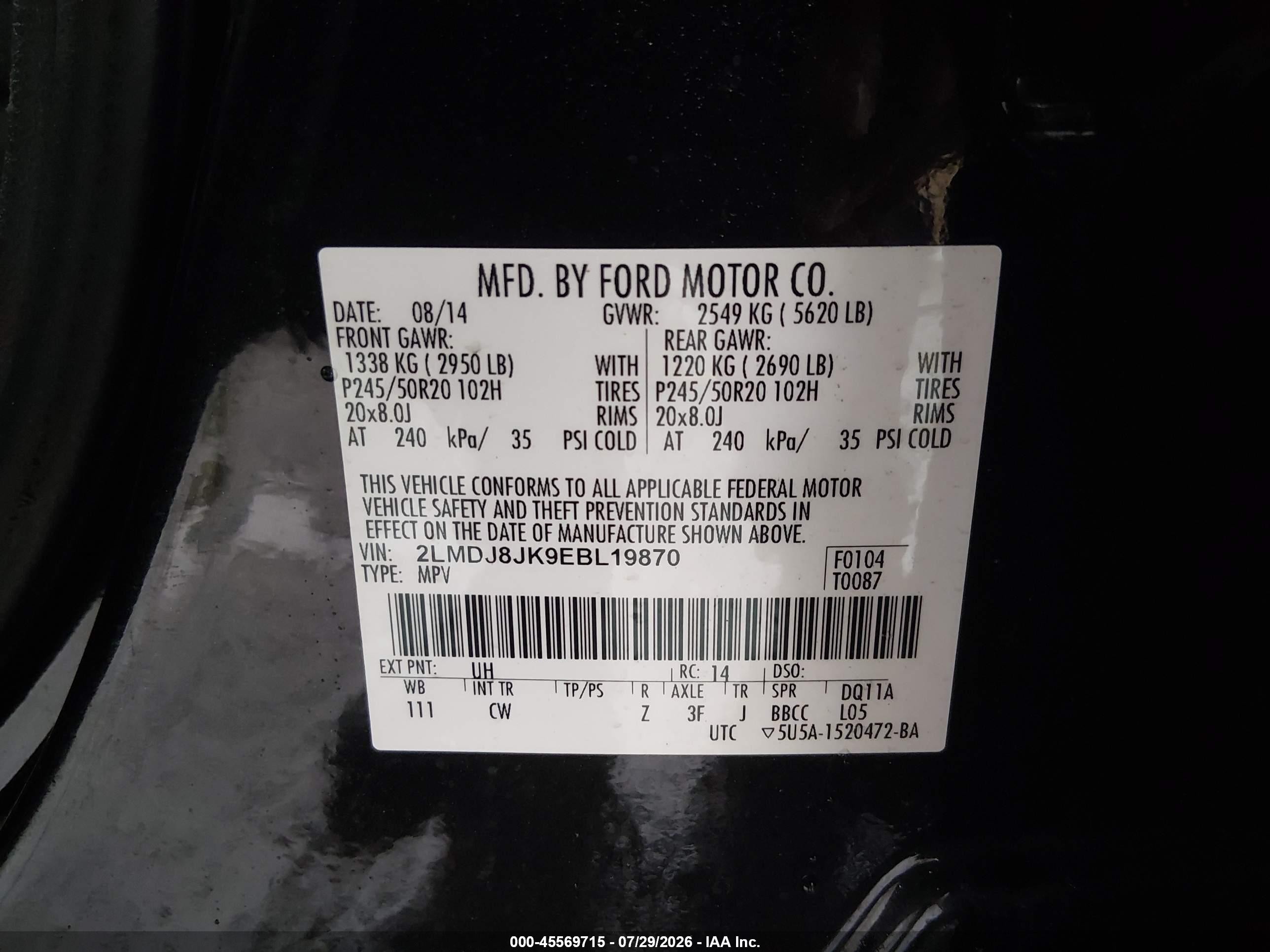 2014 Lincoln Mkx   Black vin: 2LMDJ8JK9EBL19870