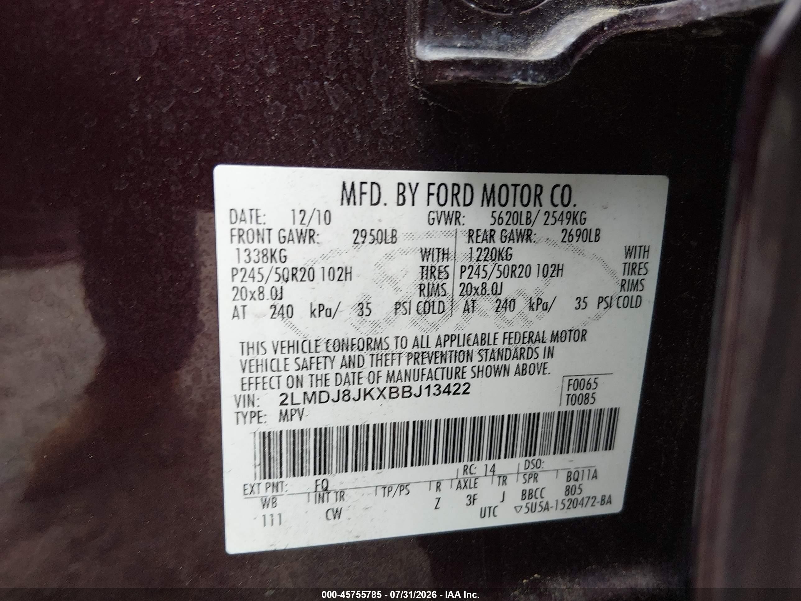 2011 Lincoln Mkx   Maroon vin: 2LMDJ8JKXBBJ13422