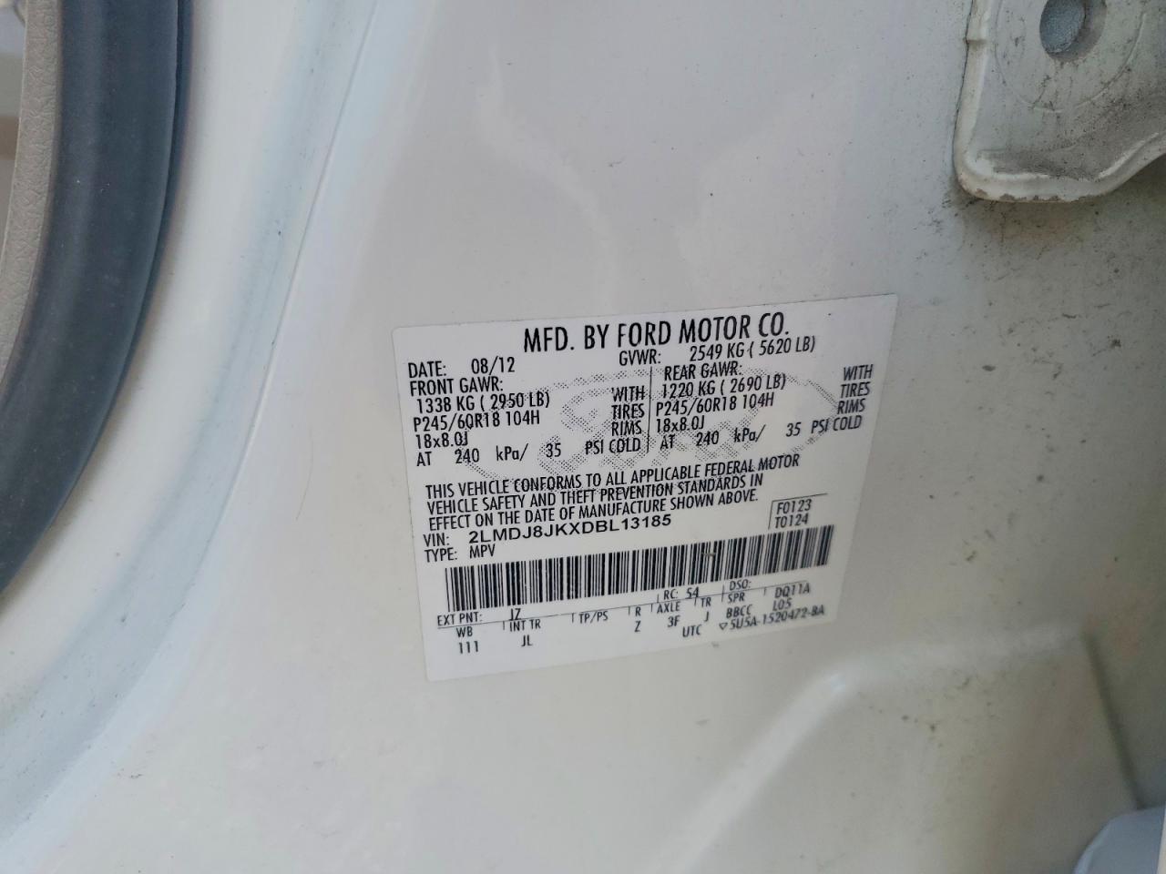 2013 Lincoln Mkx Белый vin: 2LMDJ8JKXDBL13185