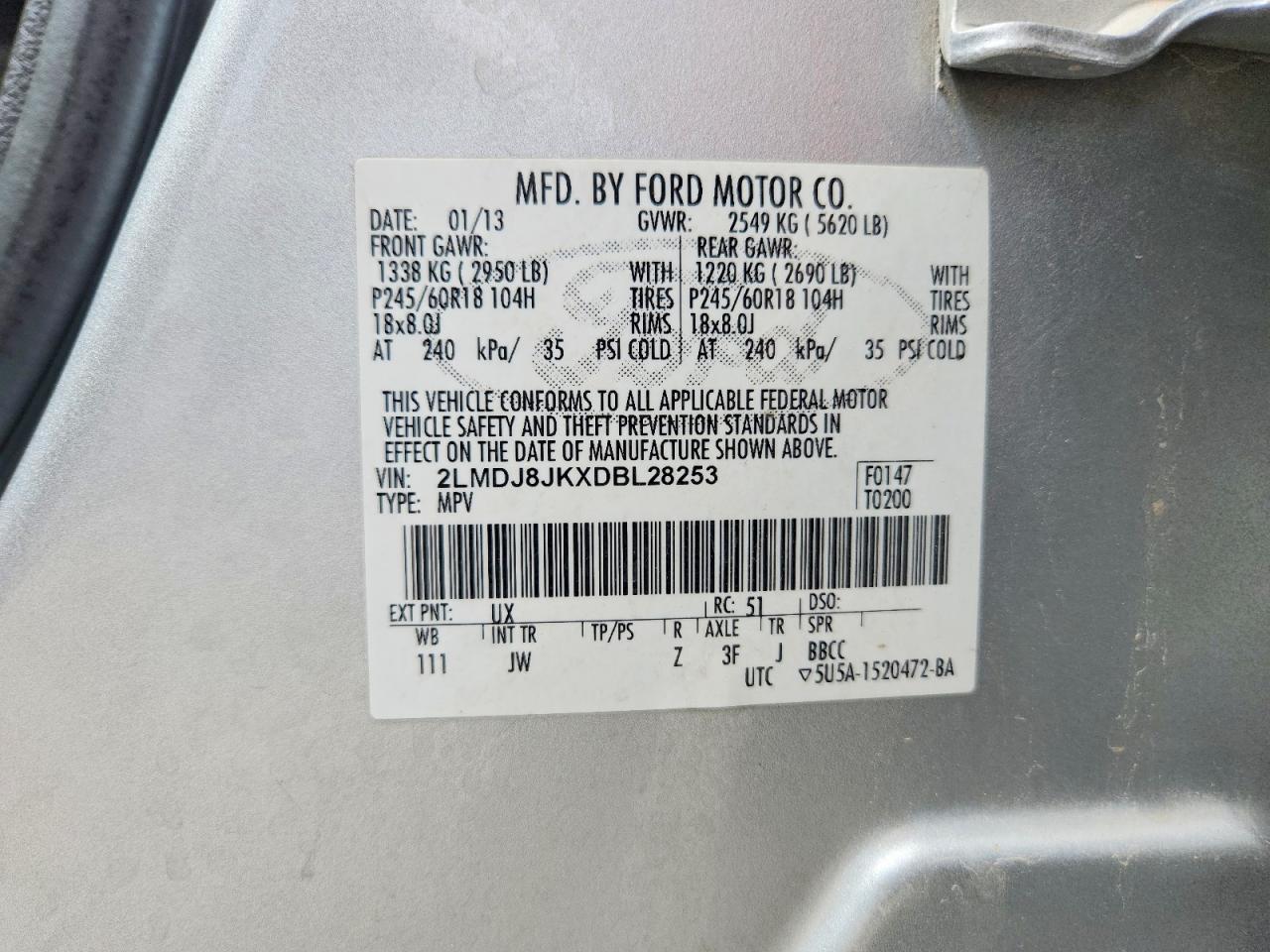 2013 Lincoln Mkx Silver vin: 2LMDJ8JKXDBL28253