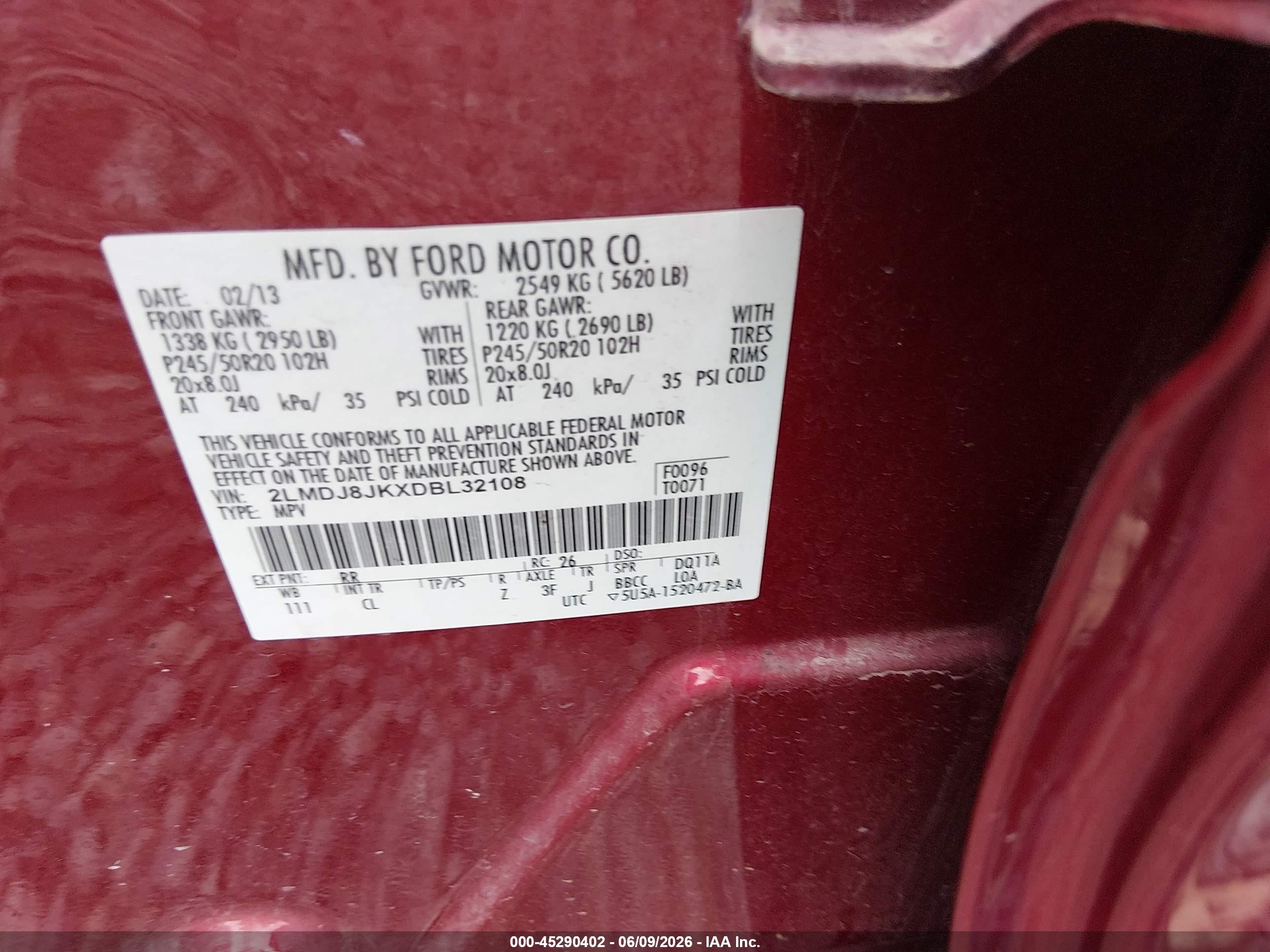 2013 Lincoln Mkx   Red vin: 2LMDJ8JKXDBL32108