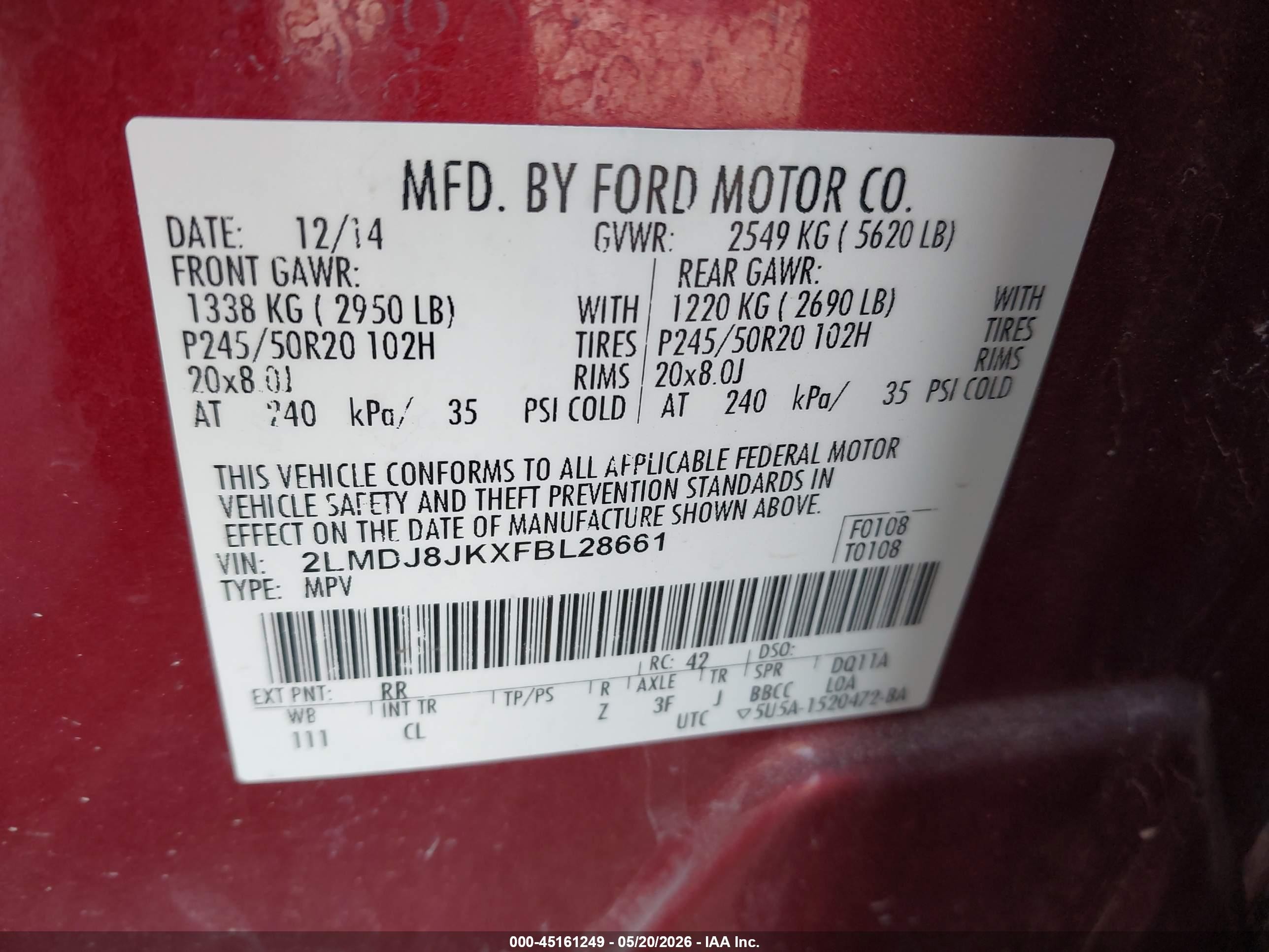 2015 Lincoln Mkx   Burgundy vin: 2LMDJ8JKXFBL28661