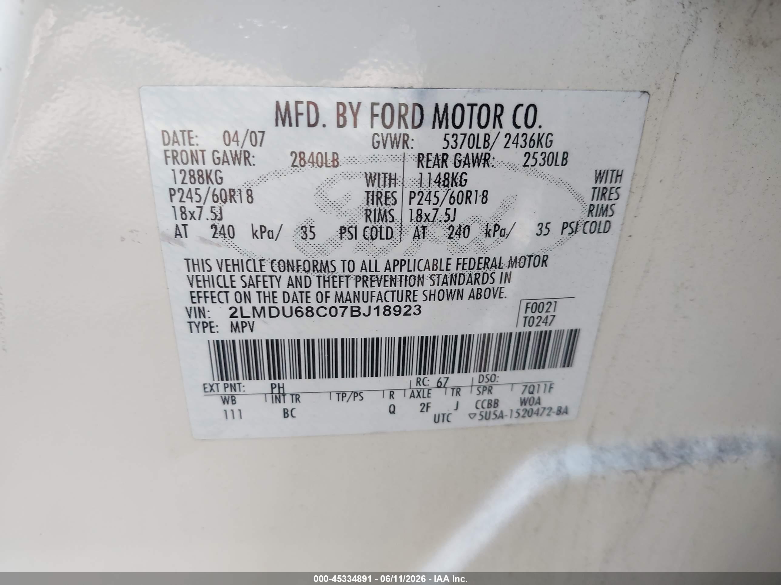 2007 Lincoln Mkx   Cream vin: 2LMDU68C07BJ18923