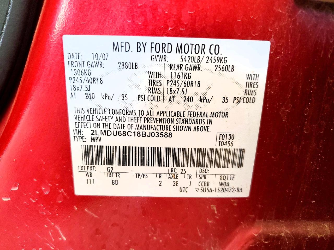 2008 Lincoln Mkx Red vin: 2LMDU68C18BJ03588