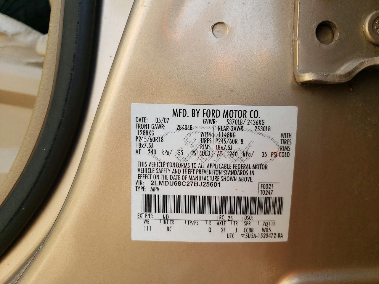 2007 Lincoln Mkx Gold vin: 2LMDU68C27BJ25601