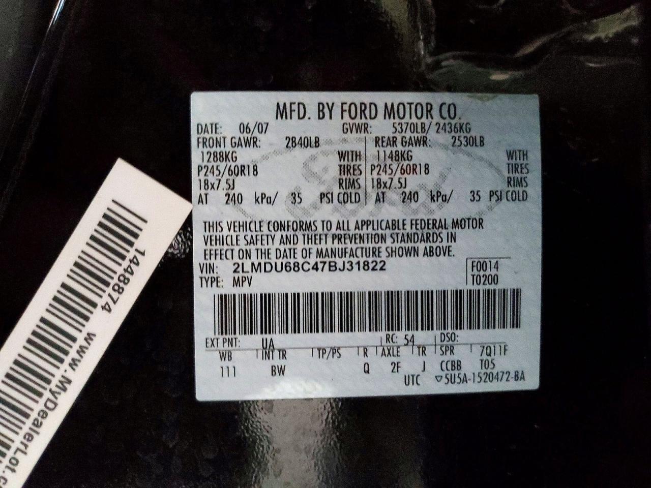 2007 Lincoln Mkx Black vin: 2LMDU68C47BJ31822