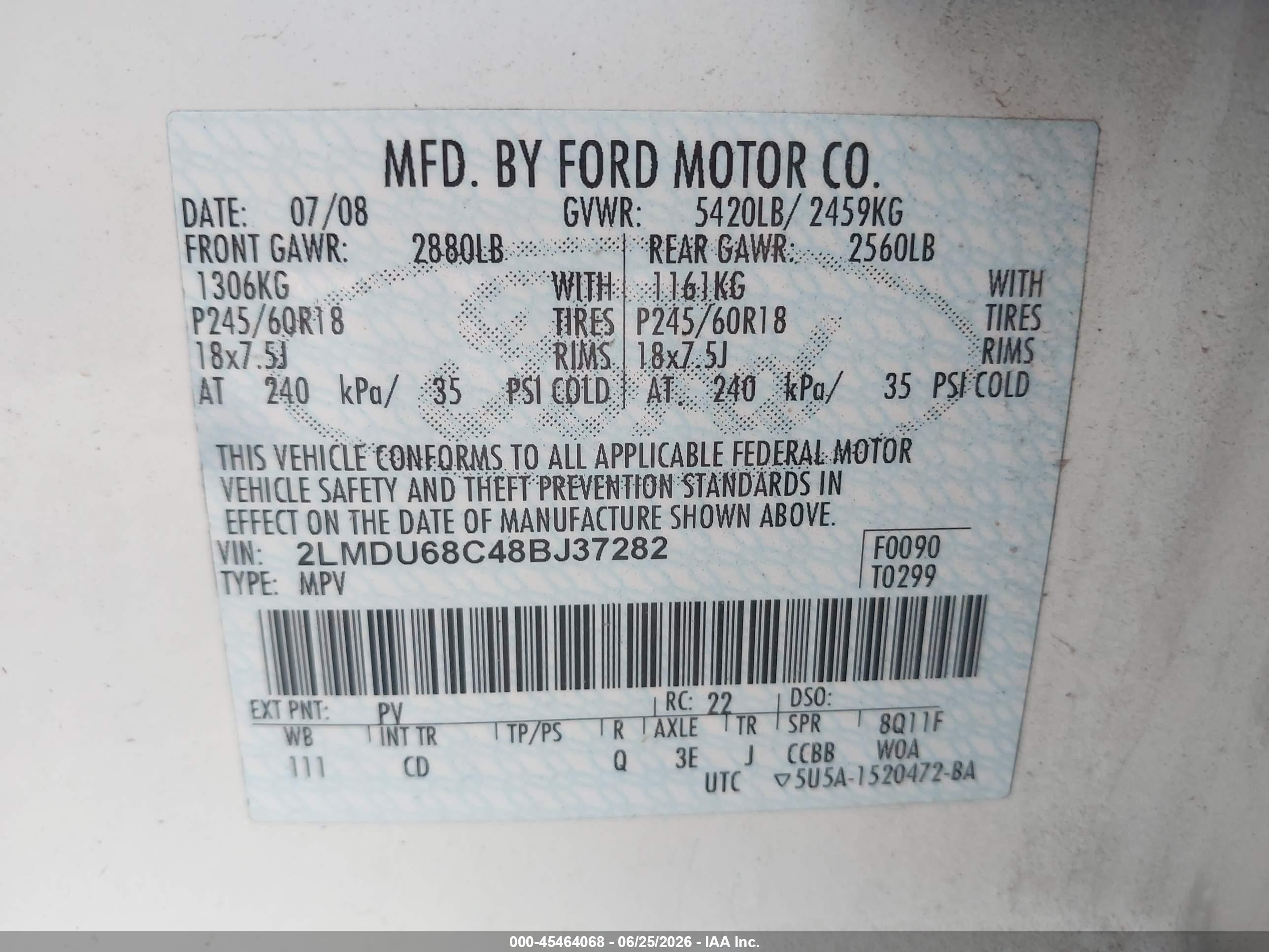 2008 Lincoln Mkx   White vin: 2LMDU68C48BJ37282