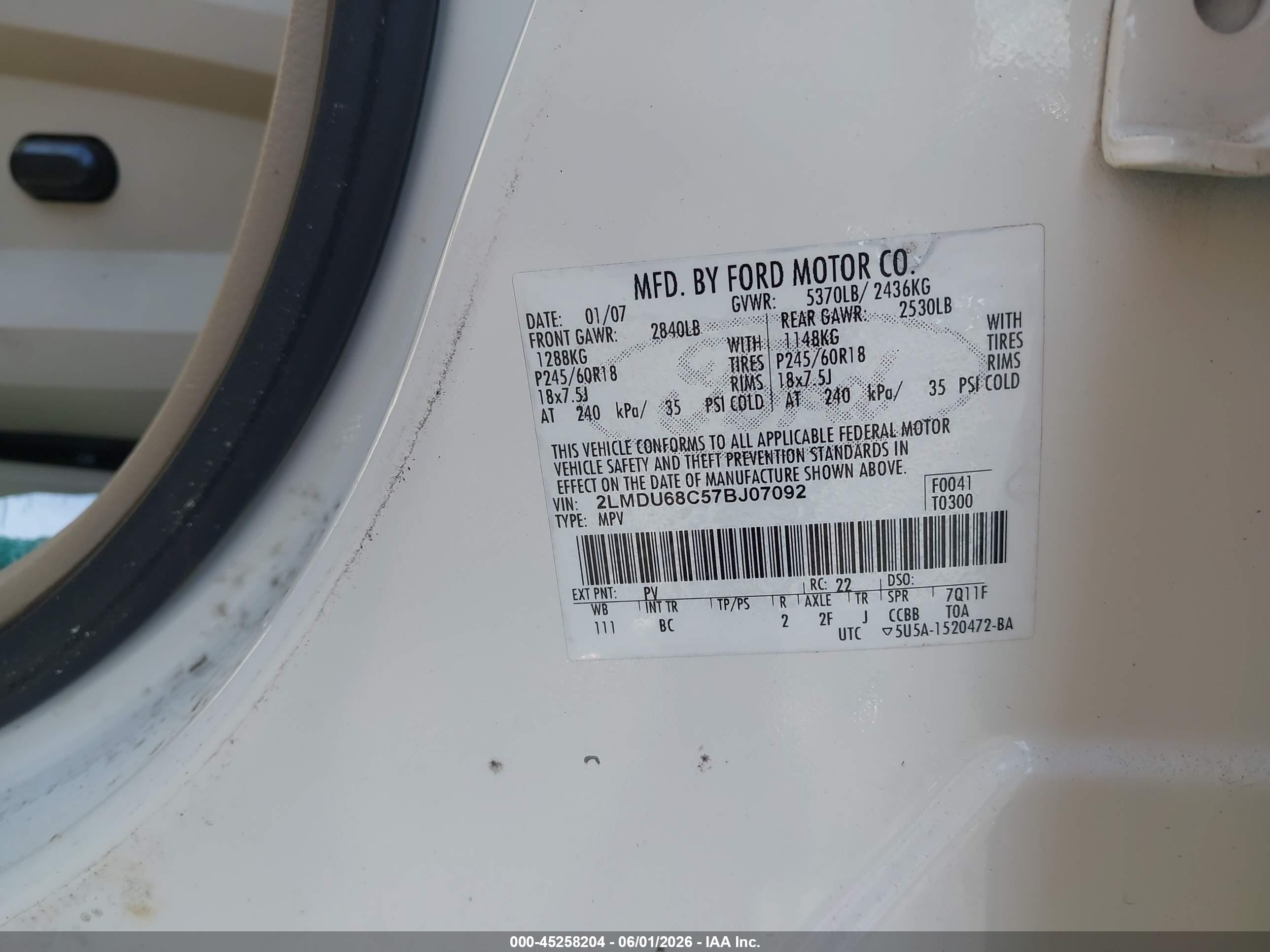 2007 Lincoln Mkx   White vin: 2LMDU68C57BJ07092