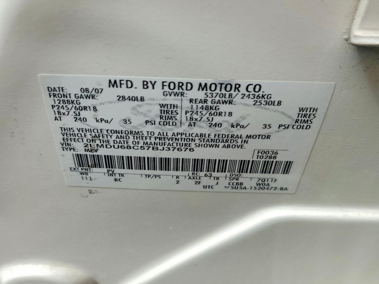 2007 Lincoln Mkx White vin: 2LMDU68C57BJ37676