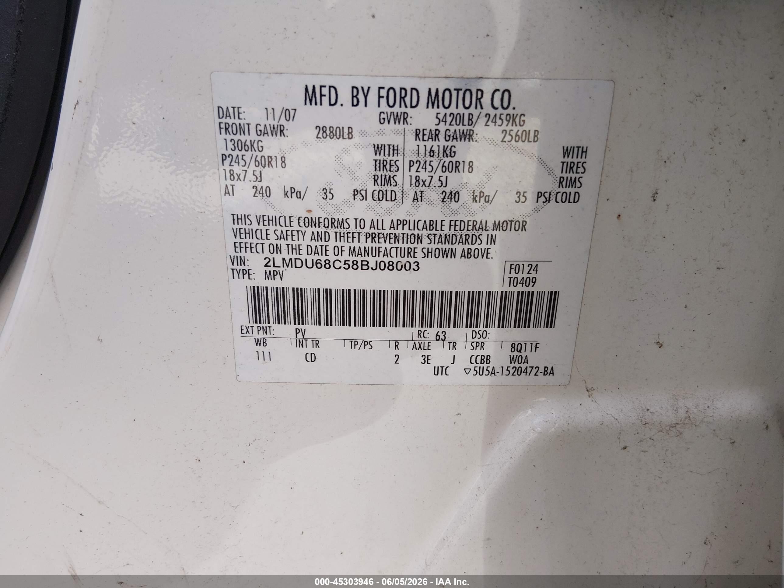 2008 Lincoln Mkx   White vin: 2LMDU68C58BJ08003