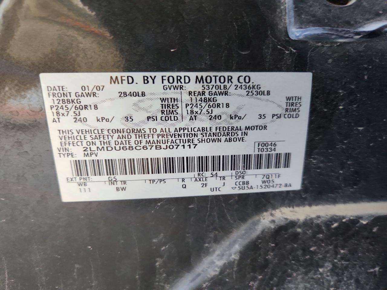 2007 Lincoln Mkx White vin: 2LMDU68C67BJ07117