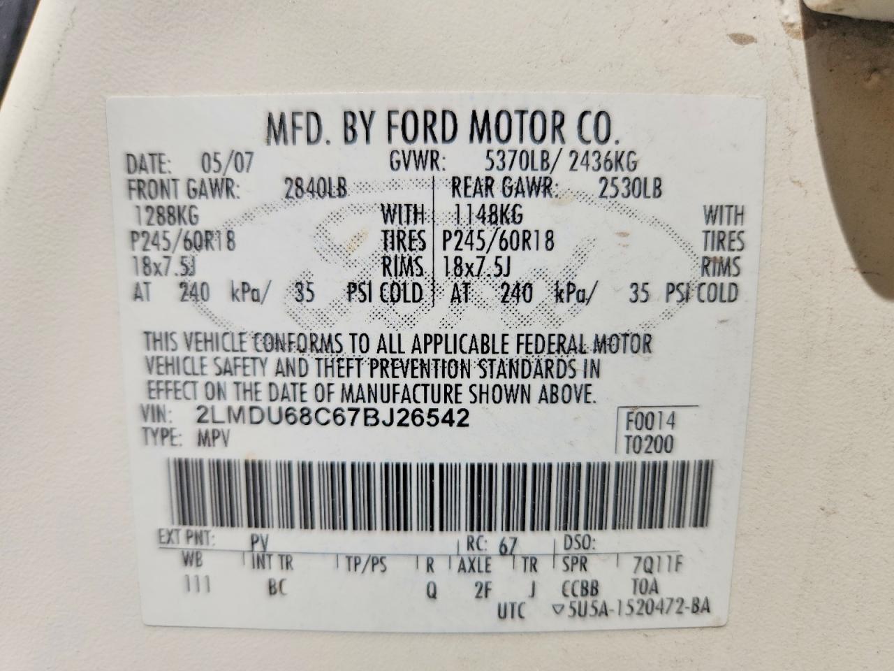 2007 Lincoln Mkx Cream vin: 2LMDU68C67BJ26542