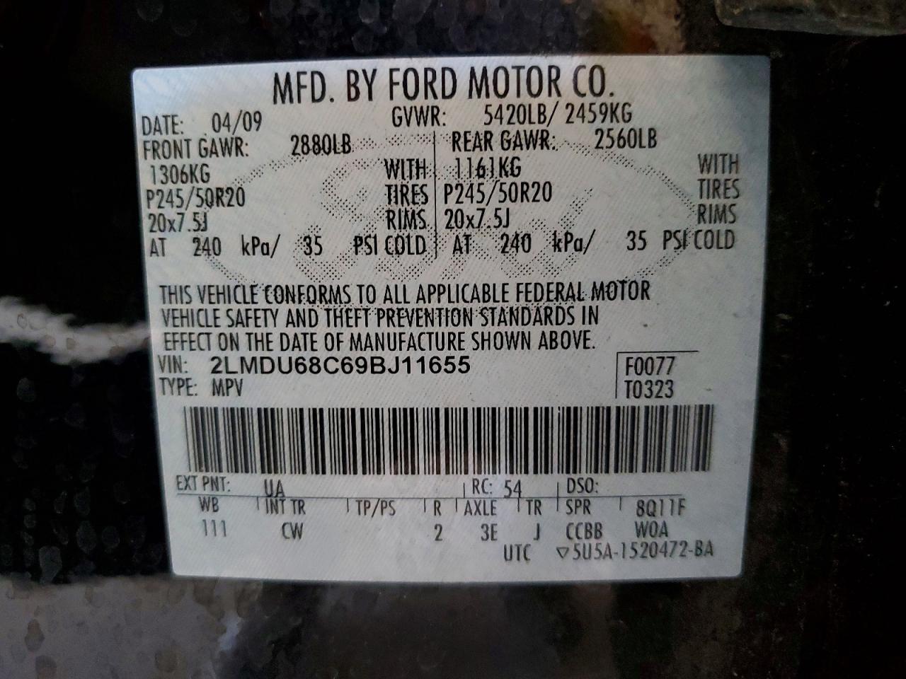 2009 Lincoln Mkx Black vin: 2LMDU68C69BJ11655
