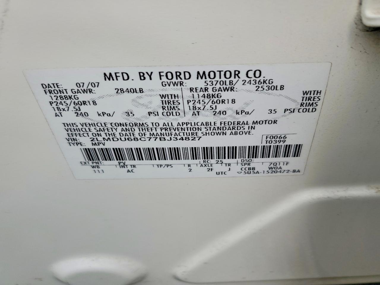 2007 Lincoln Mkx White vin: 2LMDU68C77BJ34827