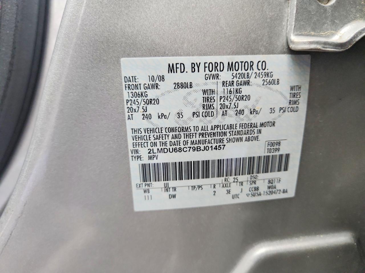 2009 Lincoln Mkx Silver vin: 2LMDU68C79BJ01457