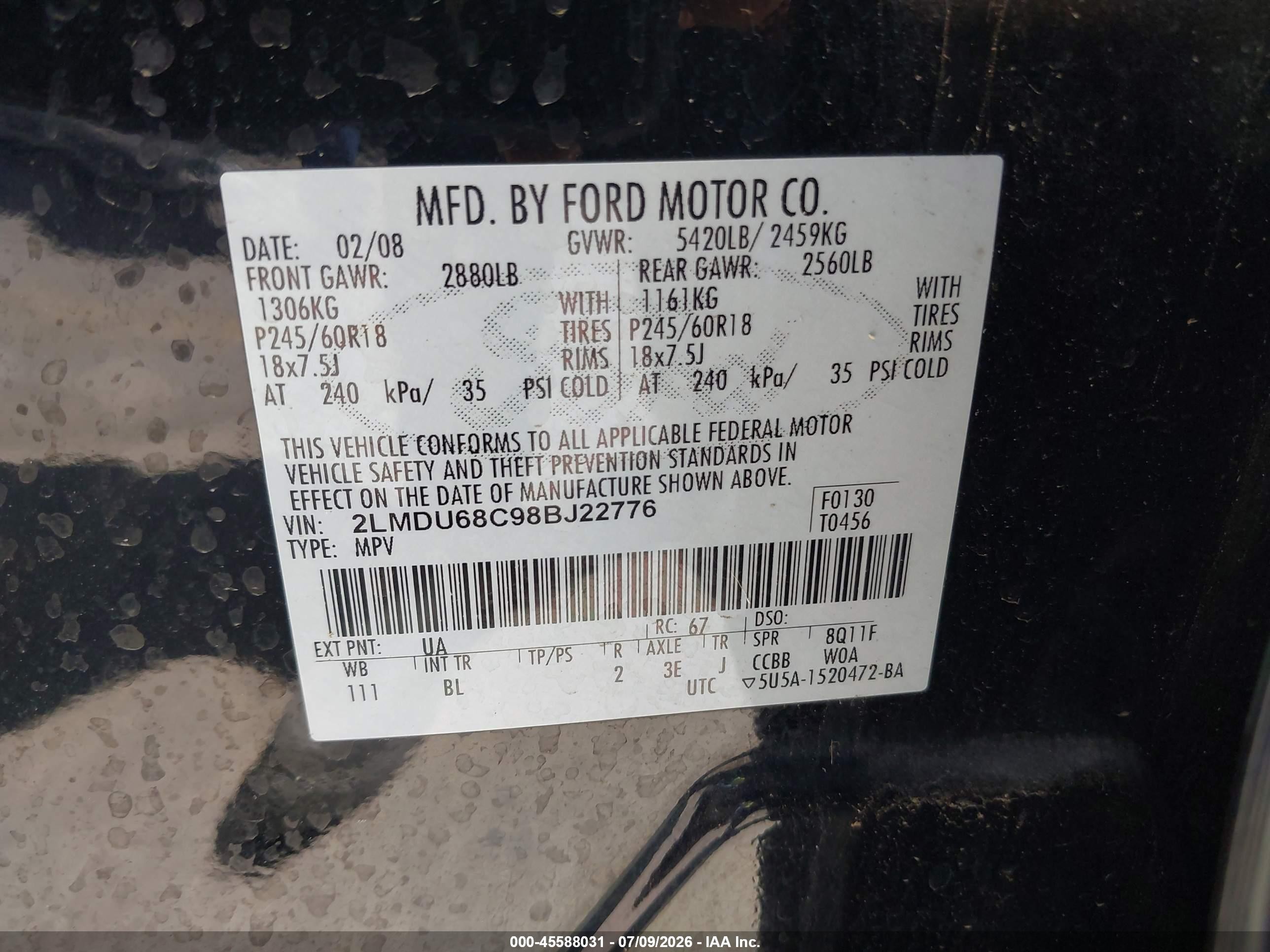 2008 Lincoln Mkx   Black vin: 2LMDU68C98BJ22776