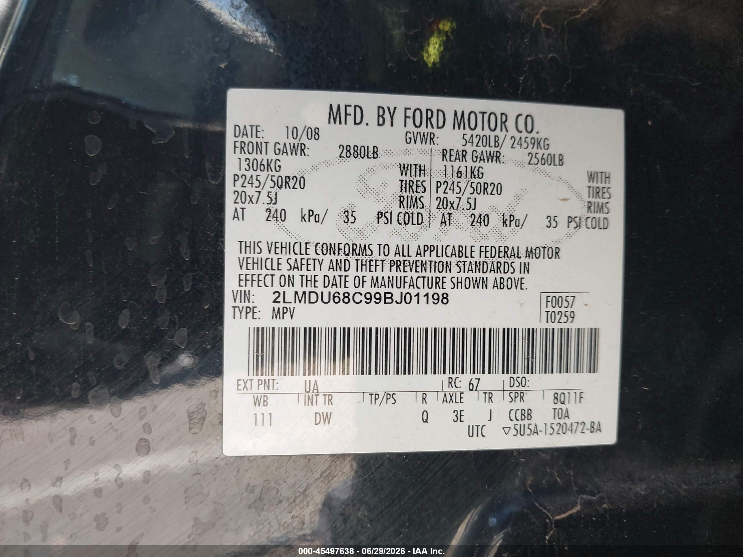 2009 Lincoln Mkx   Black vin: 2LMDU68C99BJ01198