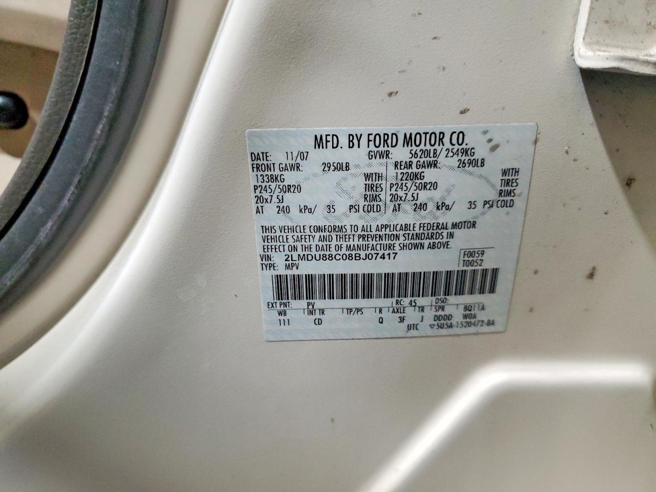 2008 Lincoln Mkx White vin: 2LMDU88C08BJ07417