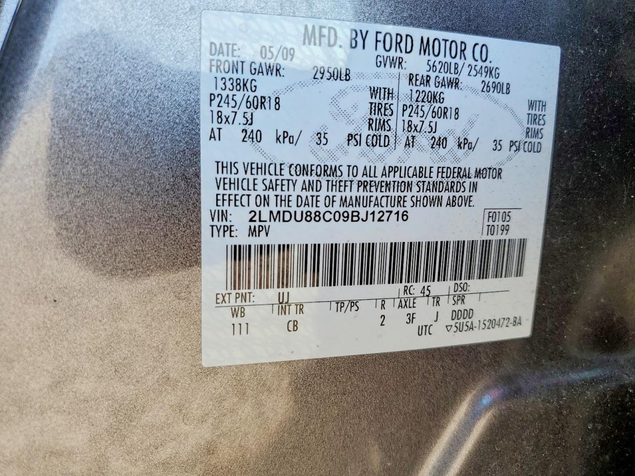 2009 Lincoln Mkx Gray vin: 2LMDU88C09BJ12716