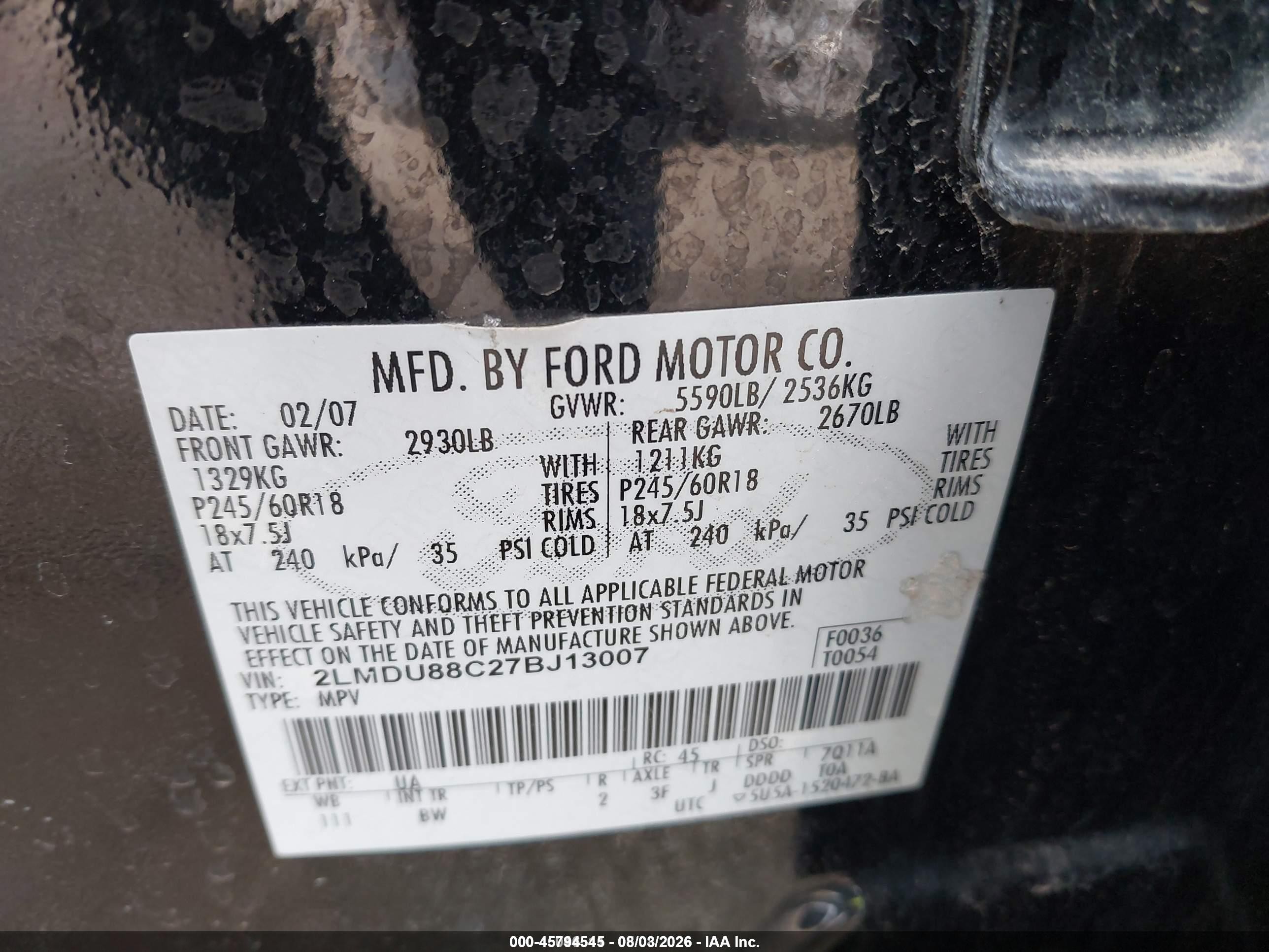 2007 Lincoln Mkx   Black vin: 2LMDU88C27BJ13007