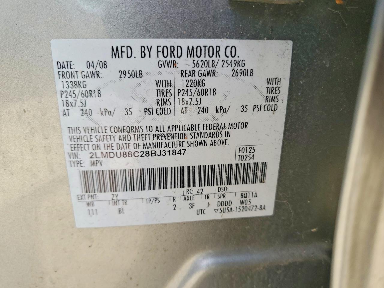 2008 Lincoln Mkx Silver vin: 2LMDU88C28BJ31847