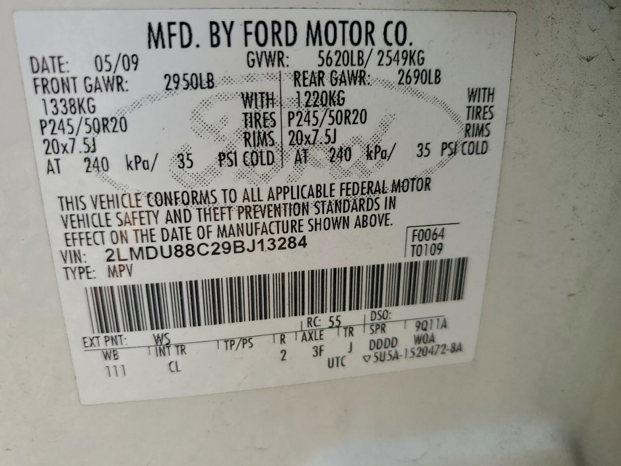 2009 Lincoln Mkx White vin: 2LMDU88C29BJ13284