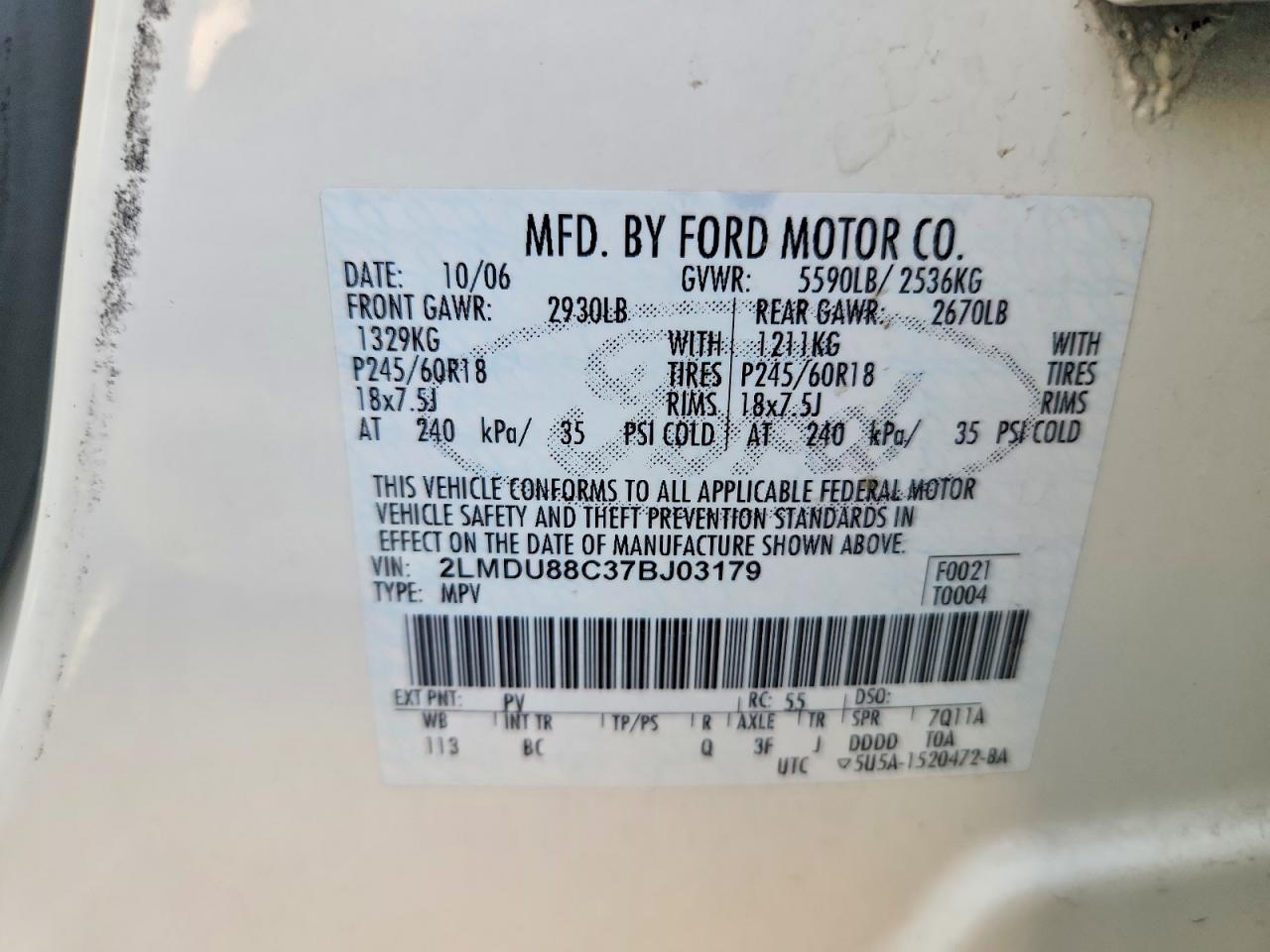2007 Lincoln Mkx White vin: 2LMDU88C37BJ03179